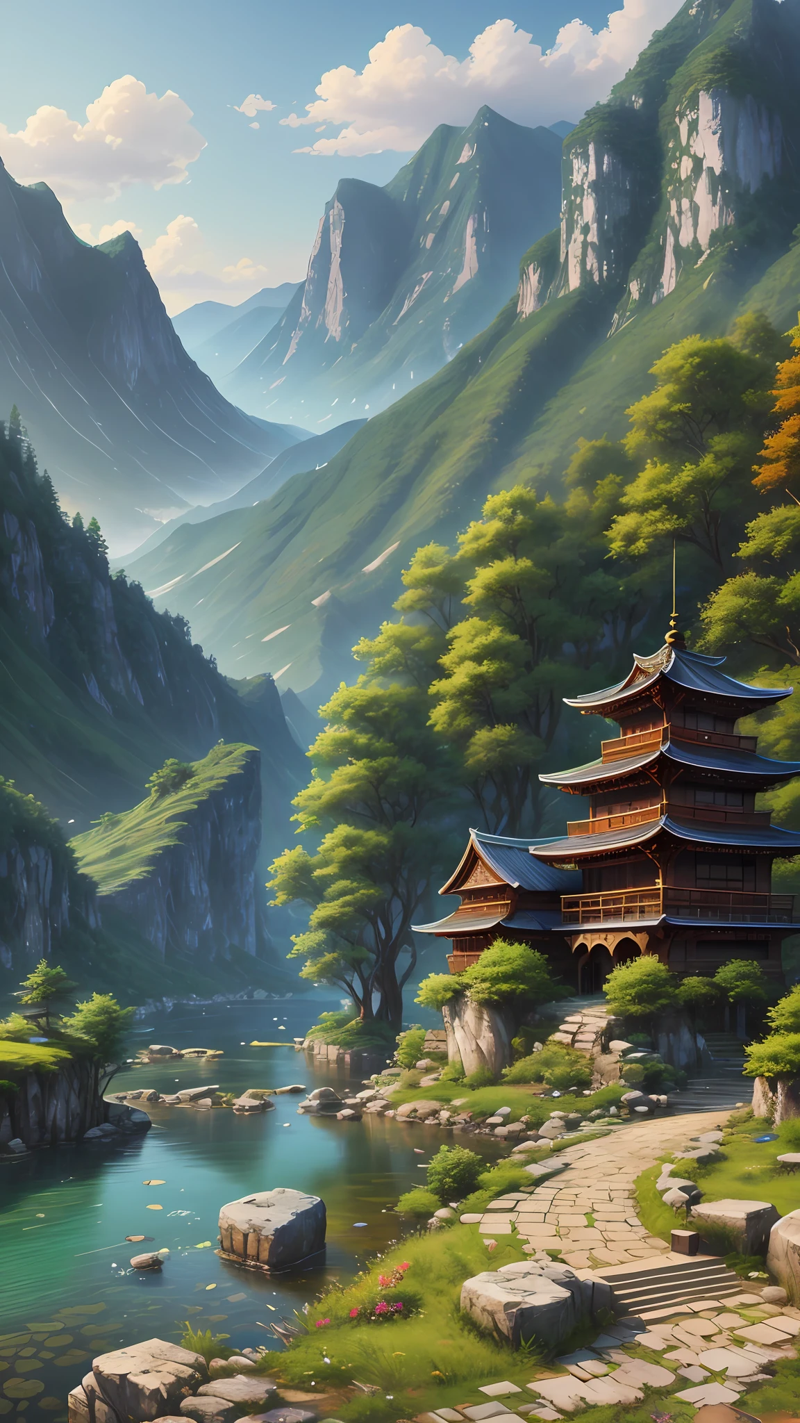 Wallpapers,scenecy,Far Mountain,Eau,Traditional Gangnam,idyllic scenery,(Very detailed CG unity 8K wallpaper),most beautiful artwork in the world,iintricate,high detal,sharp fokus,dramatics,Realistic painting art