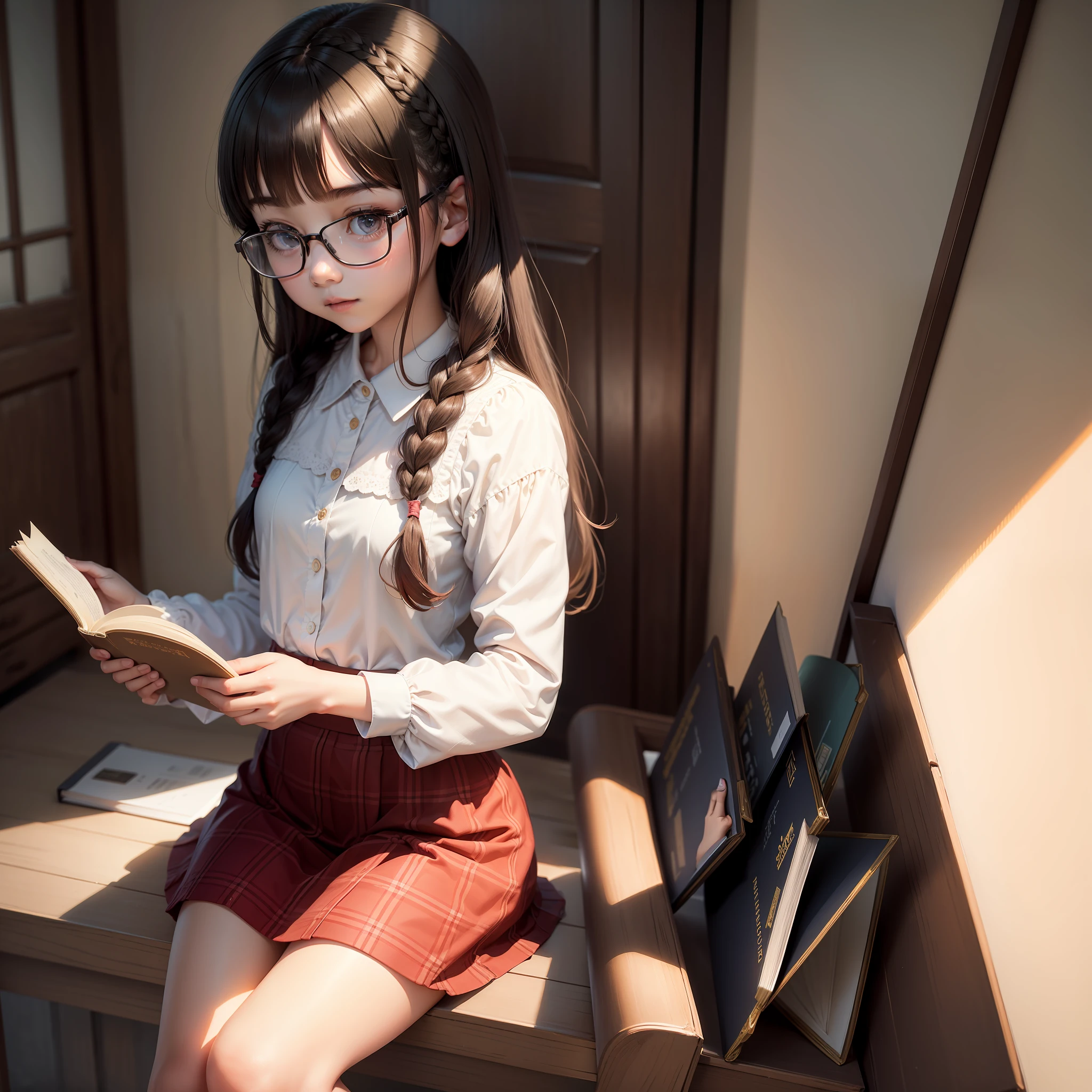 （8k，RAW photos，best qualtiy，extremely detaile，tmasterpiece，超高分辨率，realisticlying：1.25）thin frame glasses，frontage，Double up braid，parted bangs，1girll，plaid skirts，looking at book，Shy and quiet girl，Look into the distance， Holding a book，