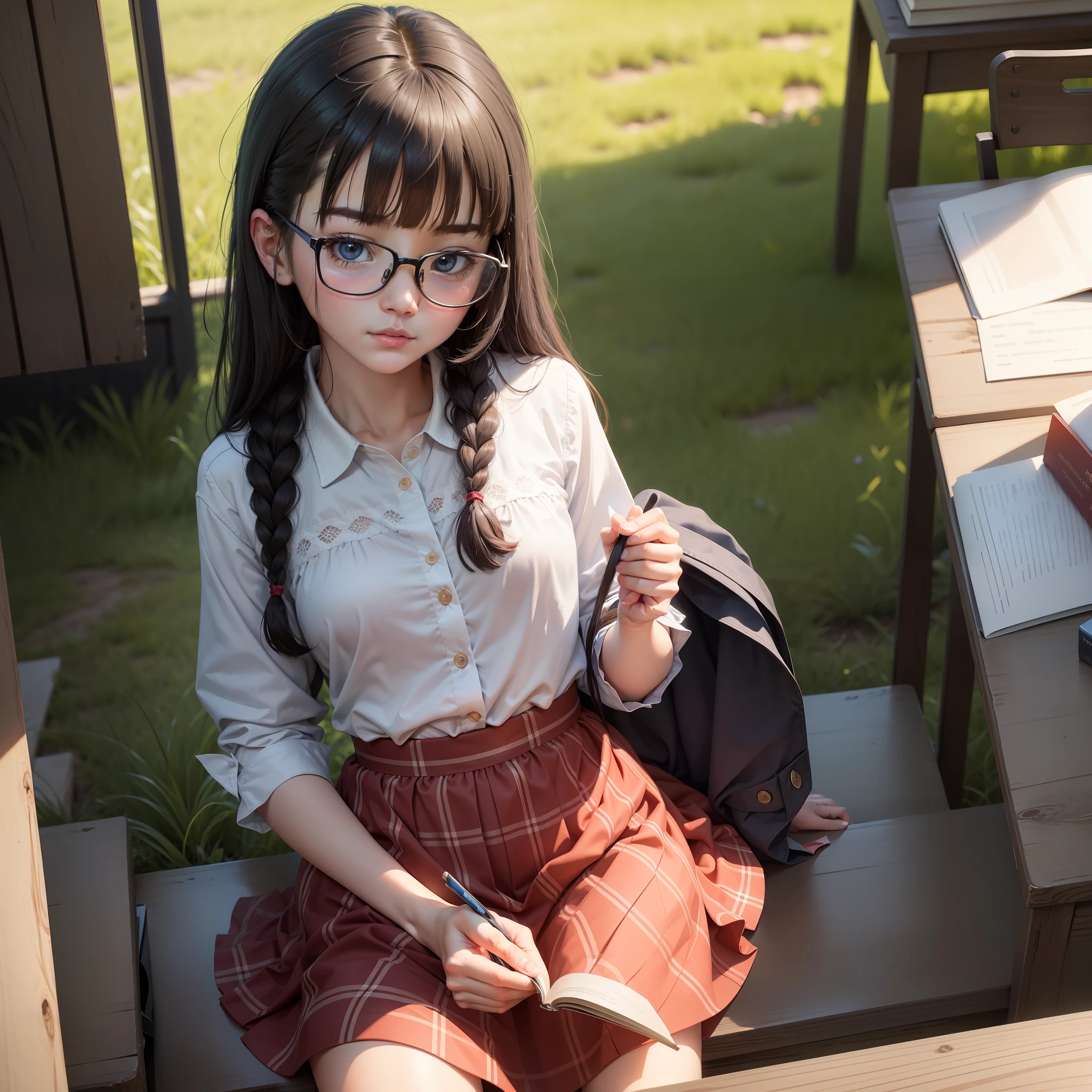 （8k，RAW photos，best qualtiy，extremely detaile，tmasterpiece，超高分辨率，realisticlying：1.25）thin frame glasses，frontage，Double up braid，parted bangs，1girll，plaid skirts，looking at book，Shy and quiet girl，Look into the distance， Holding a book，