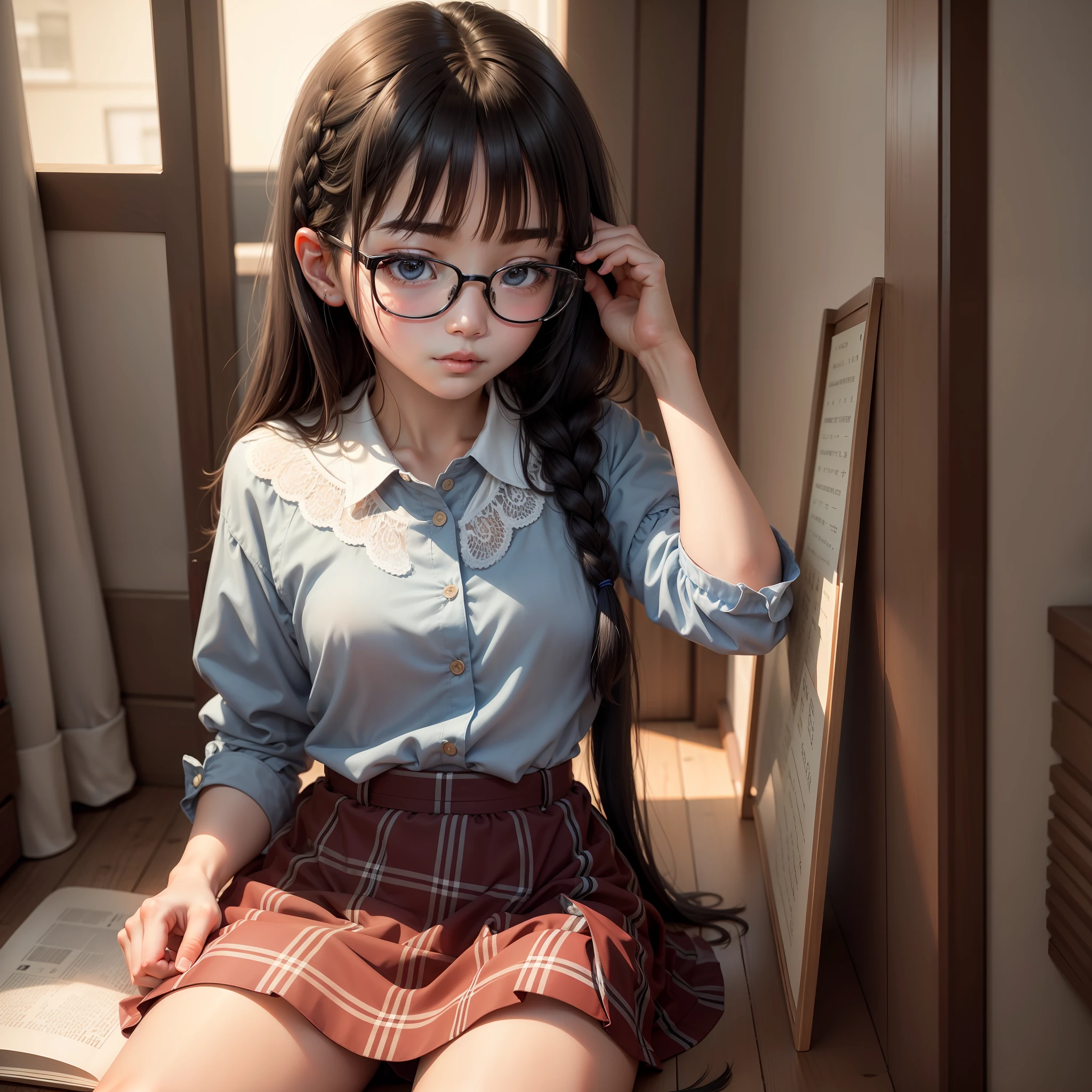 (8k,RAW photos,best qualtiy,extremely detaile,tmasterpiece,超高分辨率,realisticlying:1.25)thin frame glasses,frontage,Double up braid,parted bangs,1girll,plaid skirts,looking at book,Shy and quiet girl,Look into the distance, Holding a book,