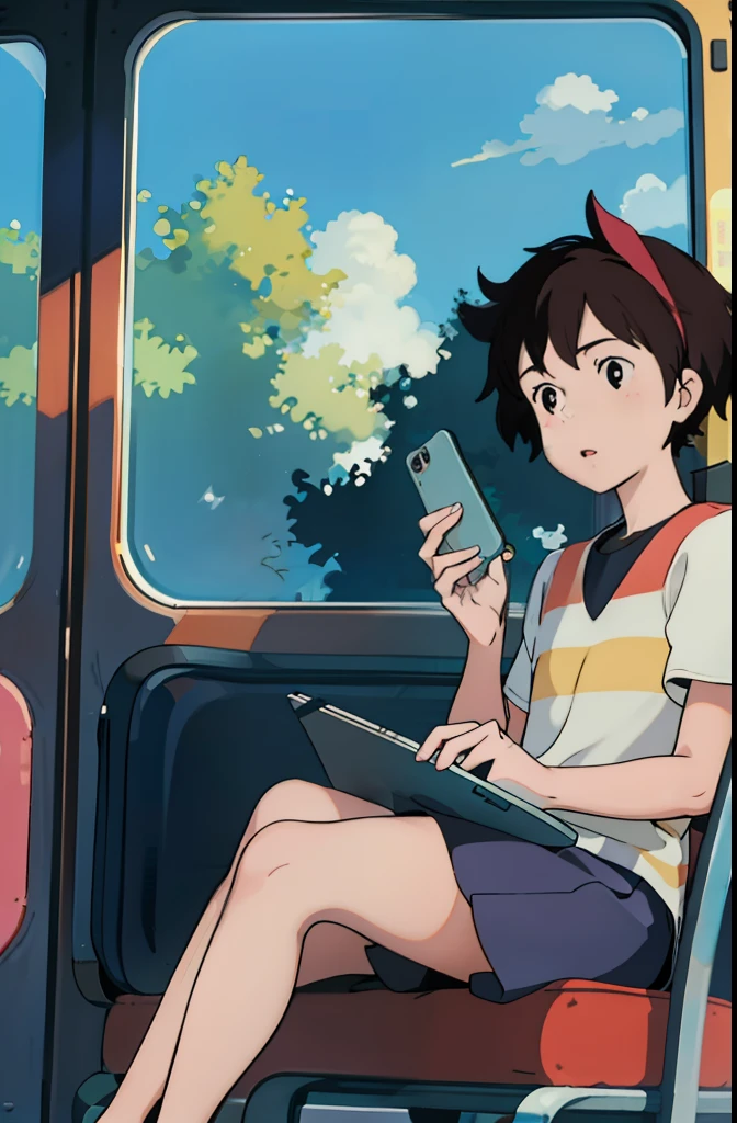 （tmasterpiece：1.4），（best qualtiy：1.4），A high resolution：1.4），Kizi，Kiki，jk，Hold the phone with one hand，Sitting by the tram window