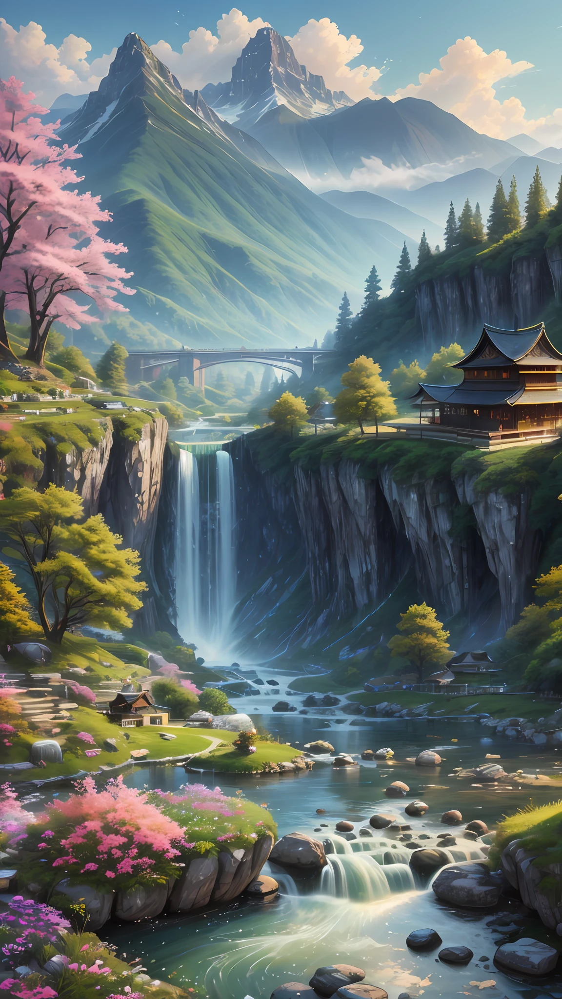 Wallpapers,scenecy,Far Mountain,Eau,Traditional Gangnam,idyllic scenery,(Very detailed CG unity 8K wallpaper),most beautiful artwork in the world,iintricate,high detal,sharp fokus,dramatics,Realistic painting art