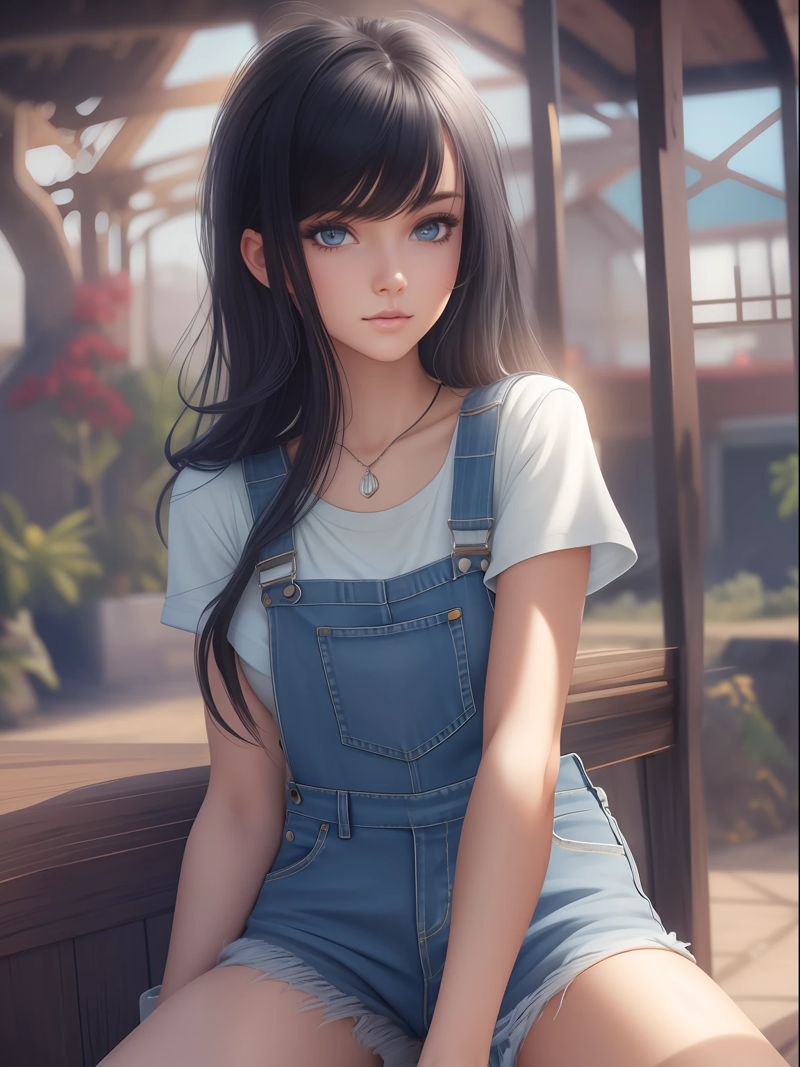 Ranch, female, young, beautiful face, detailed face, white skin, crop top, short denim overalls, legs, black hair, absolute long straight hair, detailed hair, kind face, looking at the viewer, (photographic style), (masterpiece), (best quality), (ultra highres), (8k resolution), (ultra detailed), (raytracing)