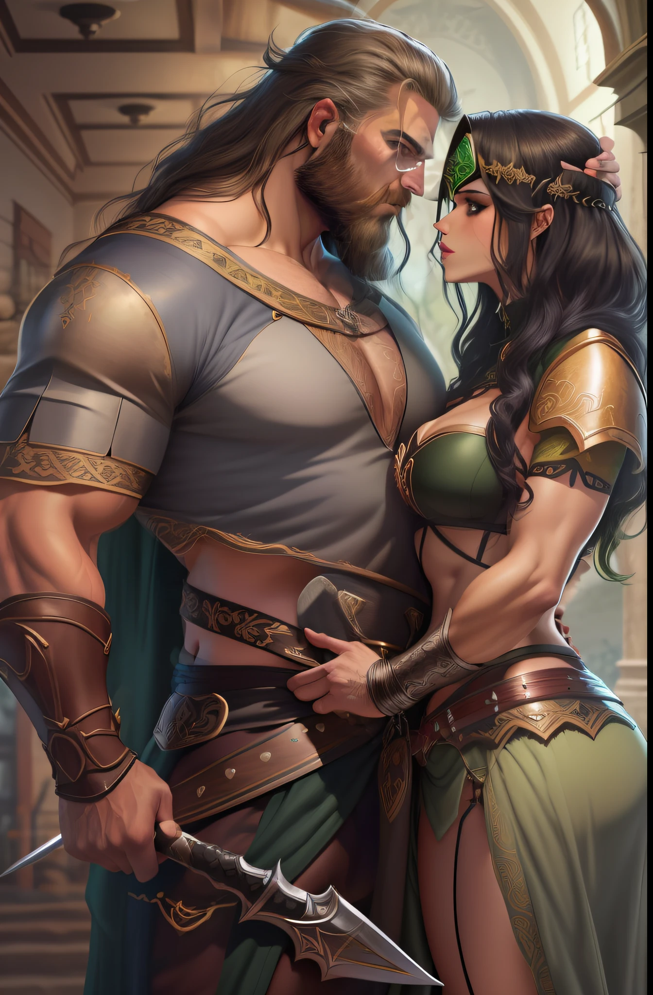 Homem e uma mulher se beijando, homem de cabelo loiro e longo, olhos azuis, peitoral gigante, corpo forte, Corpo com muita veia, armadura de viking, espada gigantesca, Mulher de cabelo curto e preto, olhos verdes, mid chest, sexy, curvas apontadas, Corpo sensual, roupa da pano, medieval setting, imagem HD, Imagem limpa, Imagem 4k, alta resolução, obra prima, manga art