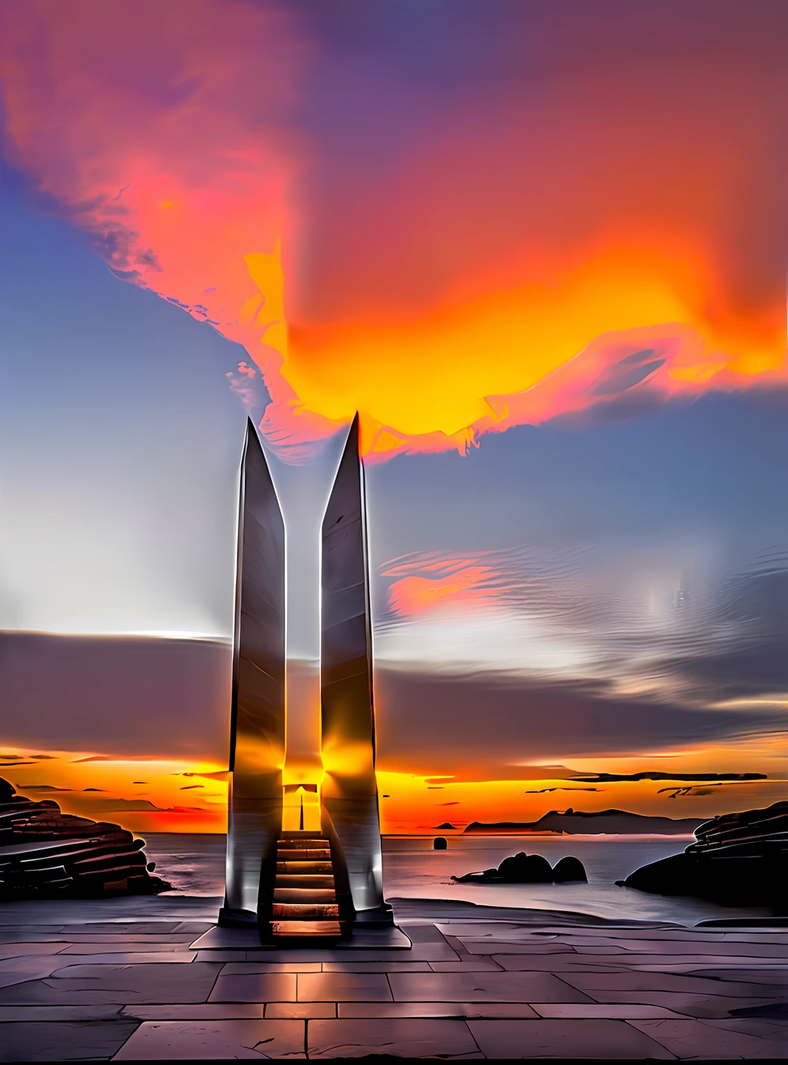 There was a man standing on a step with his back to the stairs，,Obelisk in symmetrical shape, the whole, in awe、towering，It is surrounded by a landscape of moons and starry skies over the sea，shoreline， creating a thin monolith, Mirrored obelisk, Monument,Located on a stone platform，Surrounded by rocks，