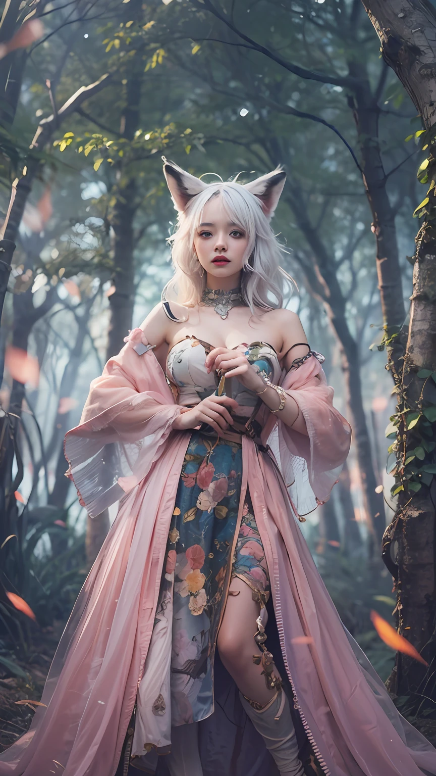 tmasterpiece，super high image quality，in a panoramic view，solo person，Live model，1 girl with white hair with fox ears，Pink pick dye，Colorful clothes，Bare shoulders，Five fingers，In the forest at night，fully body photo，ultra - detailed，Delicate eyes and facial features，Perfect look，Fire source lighting effect，，Light occlusion，eventide，evening light