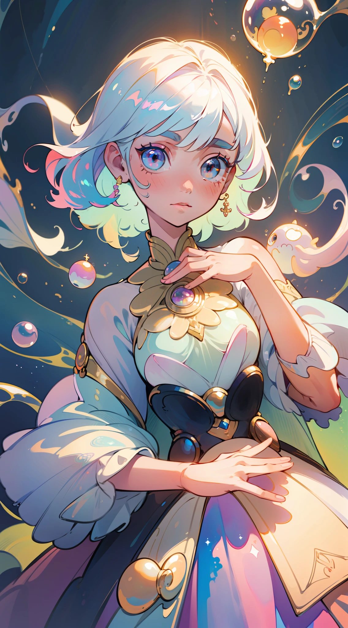 masterpiece, best quality, 8k resolution, sharp focus, intricate detail, beautiful girl, sparkling eyes, golden ratio face, otherworldly liquid, watercolor, pastel colors, bright colors, whimsical, colorful, sharp focus, high resolution, fine detail, fantasy ballgown, ((round eyes)), iridescent bubbles