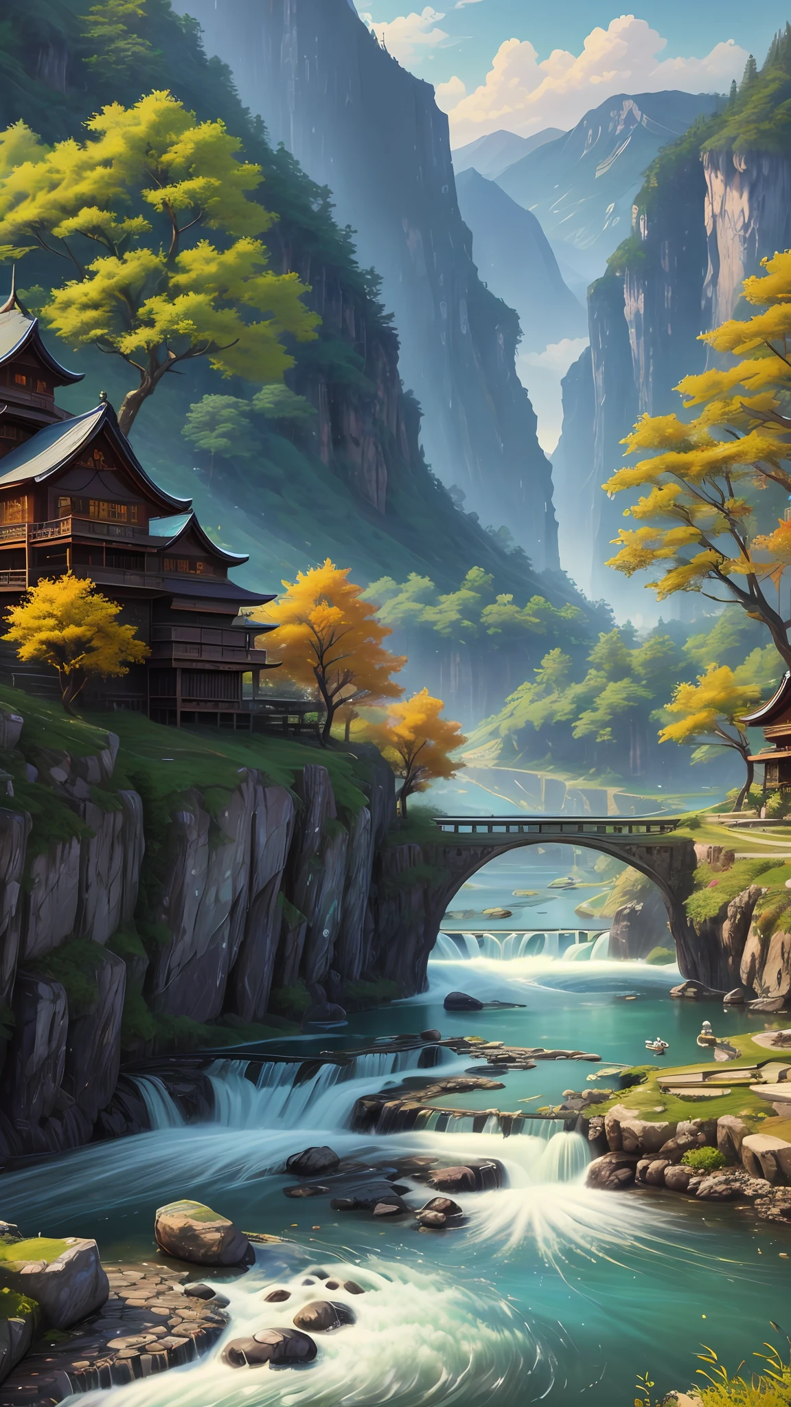 Wallpapers,scenecy,Far Mountain,Eau,Traditional Gangnam,idyllic scenery,(Very detailed CG unity 8K wallpaper),most beautiful artwork in the world,iintricate,high detal,sharp fokus,dramatics,Realistic painting art