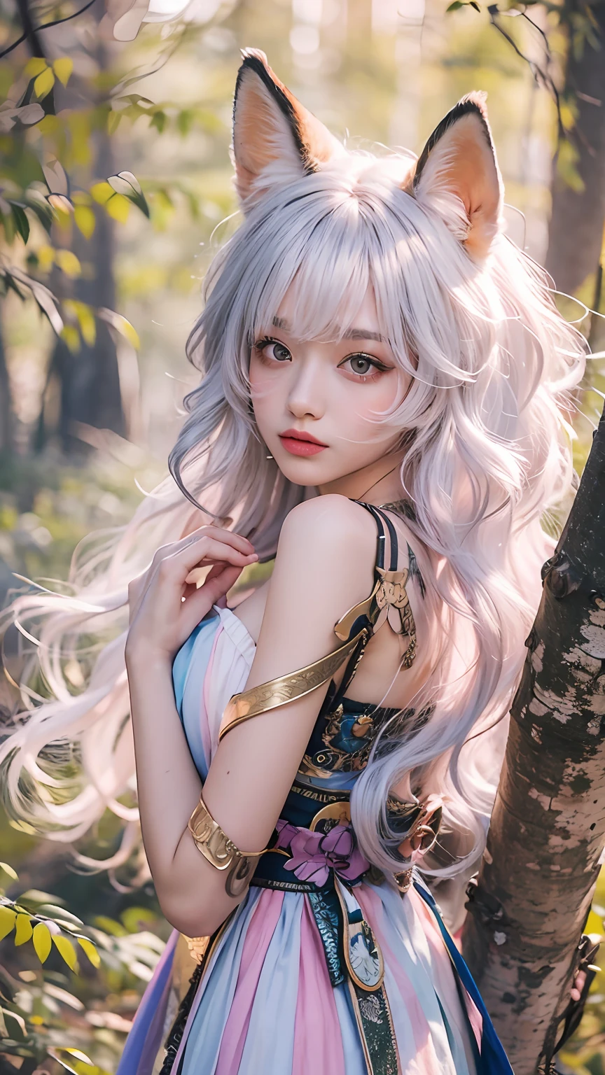 tmasterpiece，super high image quality，in a panoramic view，solo person，Live model，1 girl with white hair with fox ears，Pink pick dye，Colorful clothes，Bare shoulders，Five fingers，In the forest at night，fully body photo，ultra - detailed，Delicate eyes and facial features，Perfect look，Fire source lighting effect，，Light occlusion，eventide，evening light