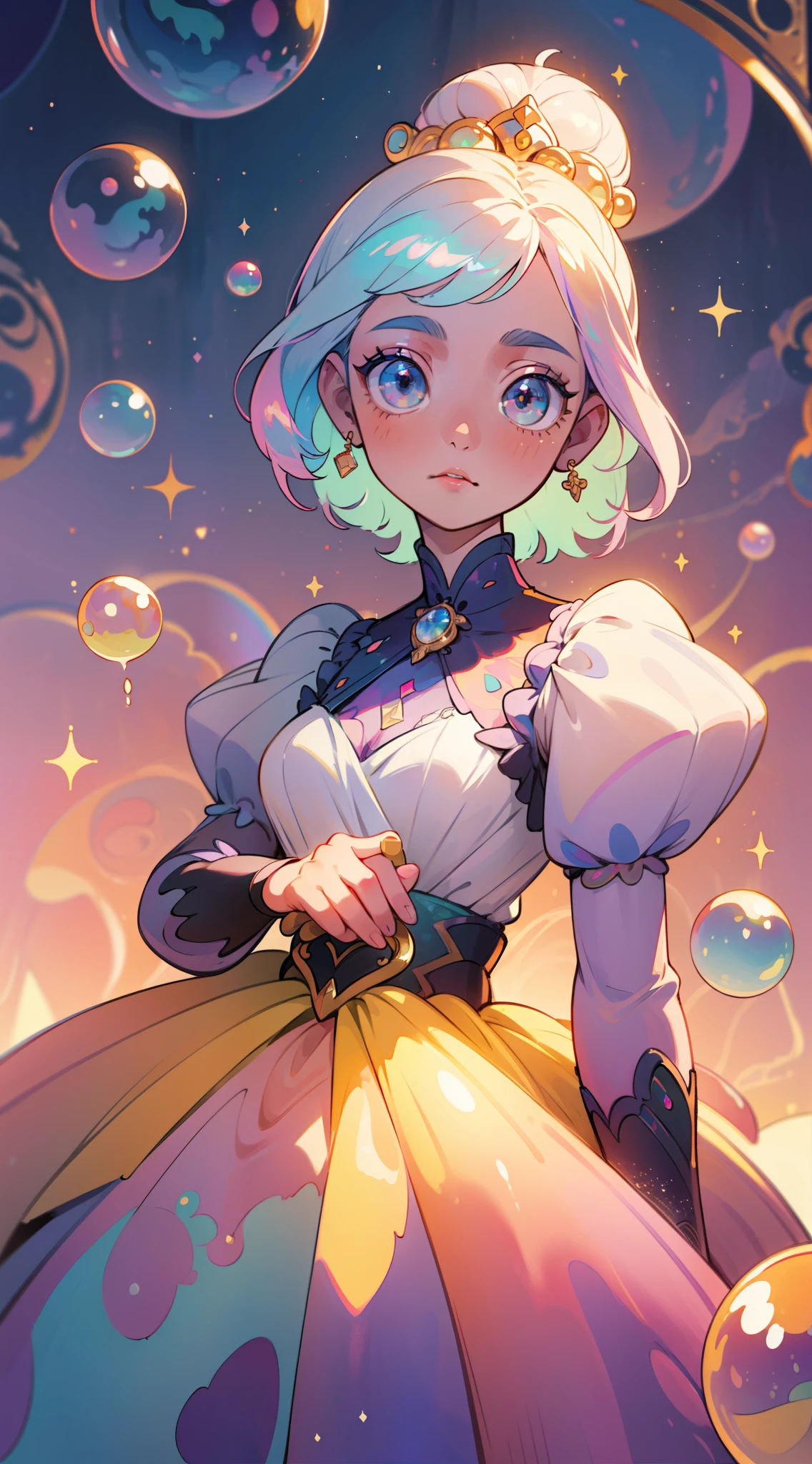 masterpiece, best quality, 8k resolution, sharp focus, intricate detail, beautiful girl, sparkling eyes, golden ratio face, otherworldly liquid, watercolor, pastel colors, bright colors, whimsical, colorful, sharp focus, high resolution, fine detail, princess fantasy ballgown, ((round eyes)), iridescent bubbles