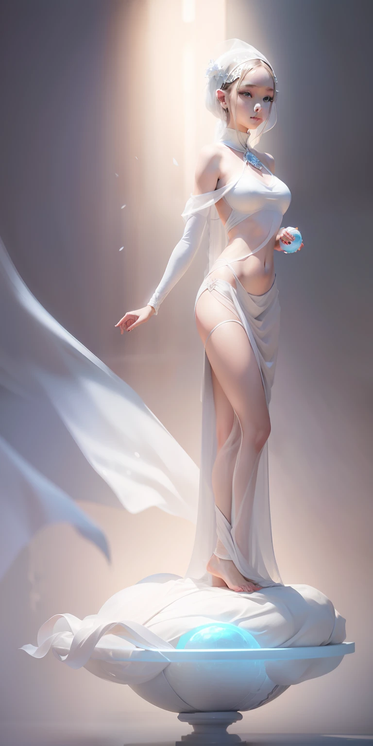 A girl in ancient costume holds a white jade ball,crystal-clear,The girl shows her abdomen,Barefoot。Full body standing image。Draped in a white veil, it is delicately depicted,Studio lighting effect,Fade transparency hierarchy,Strong texture,Ultra-clear rendering fine resolution,16K highest quality。Snowy mountains in background。