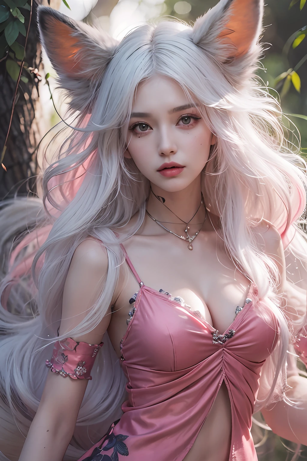 tmasterpiece,super high image quality,solo person,1 Girl with white hair with fox ears,Pink pick dye,Colorful clothes,Bare shoulders,Five fingers,Seductive eyeliner,succubi,Love magic,In the forest at night,fully body photo,ultra - detailed,Delicate eyes and facial features,Perfect look,Ignition lighting effect,,Light occlusion,