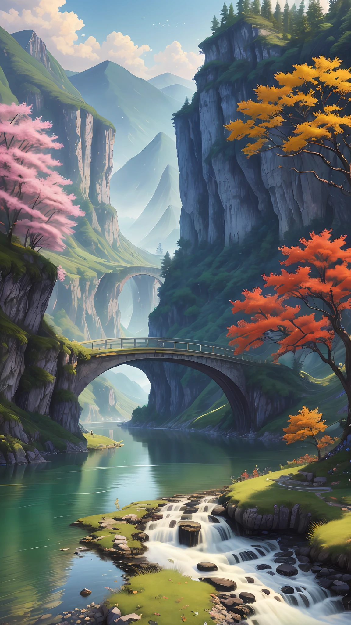 Wallpapers,scenecy,Far Mountain,Eau,Traditional Gangnam,idyllic scenery,(Very detailed CG unity 8K wallpaper),most beautiful artwork in the world,iintricate,high detal,sharp fokus,dramatics,Realistic painting art