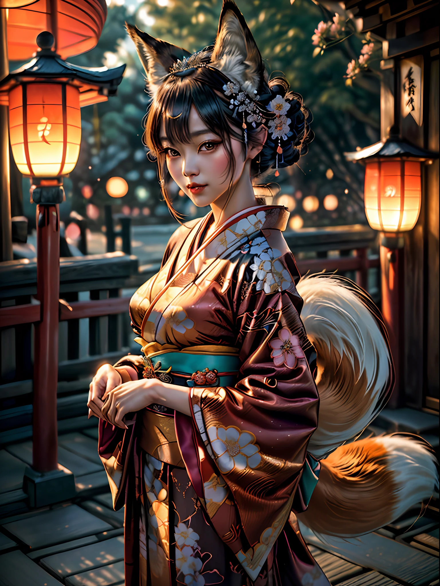 (masterpiece, high resolution:1.3), (portrait of a woman in a Japanese kimono:1.3), (wearing a fox ear tiara and a furry fox tail on her behind:1.4), (the kimono adorned with intricate Japanese patterns and details:1.3), (Canon EOS R5 camera, renowned for capturing stunning portraits:1.4), (paired with the Canon RF 85mm f/1.2L USM lens, perfect for rendering beautiful bokeh and capturing details:1.4), (the woman standing confidently in a bustling Japanese plaza:1.1), (surrounded by traditional lanterns and cherry blossom trees:1.1), (the soft light of the setting sun casting a warm glow on her:1.1), (the tiara's fox ears adding a playful touch to her appearance:1.3), (the furry fox tail lending a touch of whimsy and allure:1.3), (the woman's eyes reflecting a sense of mystery and allure:1.1), (the plaza alive with the energy of the Japanese culture:1.1), (a moment frozen in time, capturing the essence of Japan's beauty:1.1), (a captivating blend of tradition and fantasy:1.1), (the woman's presence commanding attention and admiration:1.1), (the setting sun painting the sky in a palette of warm colors:1.1), (a portrait that celebrates the enchanting allure of Japanese aesthetics:1.1), (the woman embodying the spirit of the fox, a mythical creature revered in Japanese folklore:1.3), (an image that invites viewers to immerse themselves in the rich tapestry of Japanese culture:1.1), (a captivating portrayal of beauty and cultural expression:1.1)