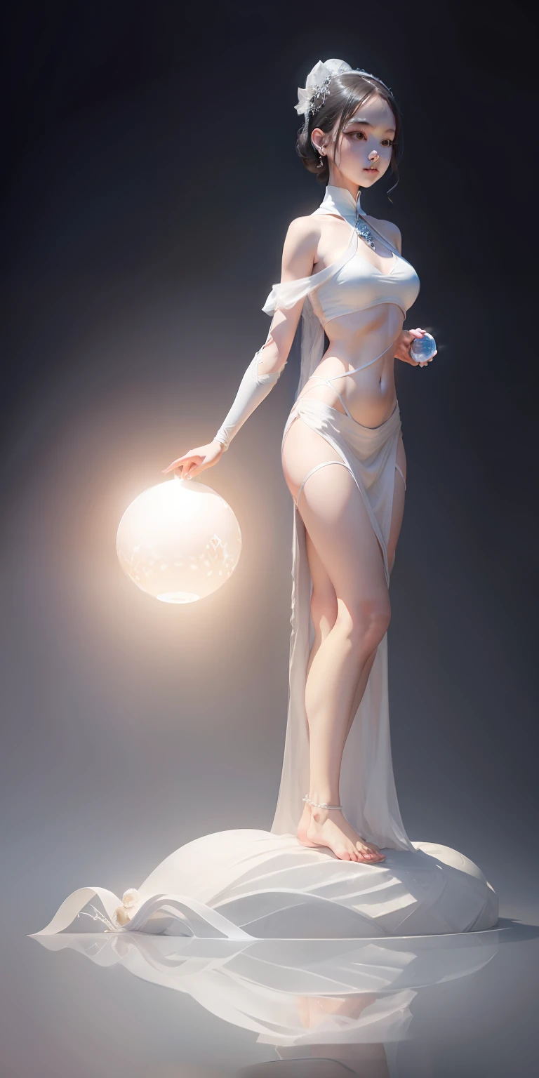 A girl in ancient costume holds a white jade ball,crystal-clear,The girl shows her abdomen,Barefoot。Full body standing image。Draped in a white veil, it is delicately depicted,Studio lighting effect,Fade transparency hierarchy,Strong texture,Ultra-clear rendering fine resolution,16K highest quality。Snowy mountains in background。