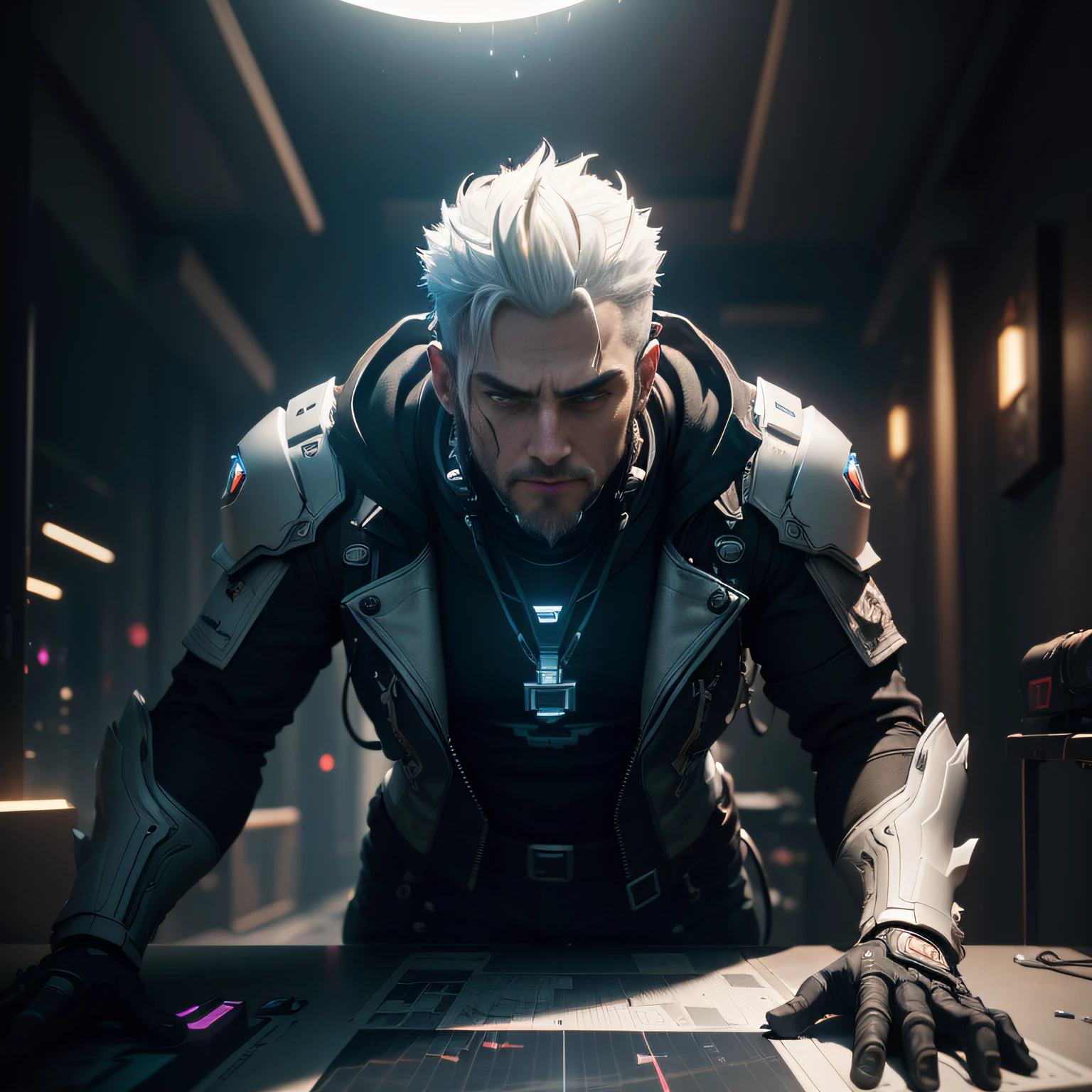 (Best Quality), ((Masterpiece), (Detail: 1.4), 3D, A Handsome Cyberpunk Male Figure, HDR (High Dynamic Range), Ray Tracing, NVIDIA RTX, Super-Resolution, Unreal 5, Subsurface Scattering, PBR Textures, Post Processing, Anisotropic Filtering, Depth of Field, Maximum Sharpness and Sharpness, Multi-layer Textures, Albedo and Highlight Maps, Surface Coloring, Accurate simulation of light-material interactions, perfect proportions, Octane Render, two-color light, large aperture, low ISO, white balance, rule of thirds, 8K RAW,