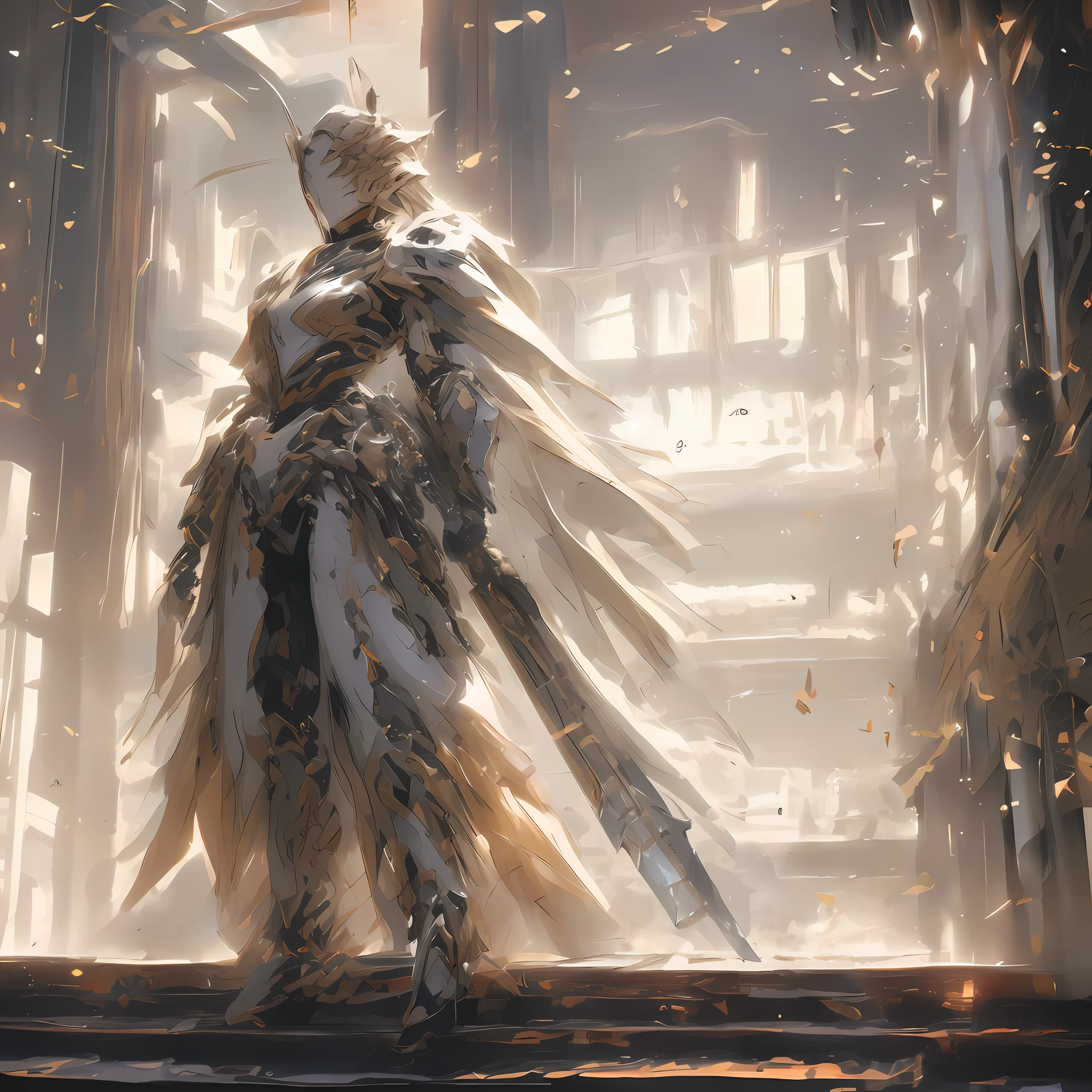 A man dressed in white and gold stood in a room。, clothed in ethereal armor, inspired by Raymond Swanland, dressed in light armor, Epic fantasy digital art style, epic exquisite character art, style of raymond swanland, elegant cinematic fantasy art, cinematic fantasy painting, Epic fantasy character art, high fantasy concept art, High quality digital concept art