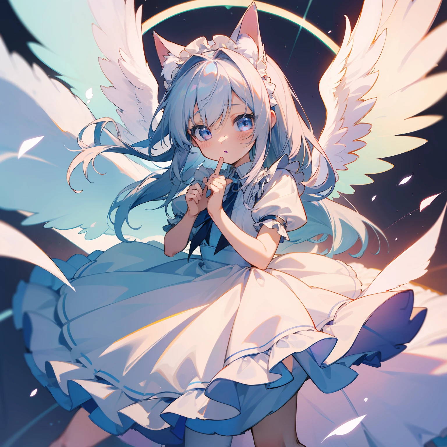 (Top image quality)、(Master works)、(ultra-detailliert)、top-quality、masterpiece、、Cat's ears、angelicales、Angel wings、Circle of Angels、silber hair、silber hair、White hair、Longhaire、Light blue eyes、maid clothes、maid clothes、frilly dress、lots of ruffles、lots of ribbons、PastelColors、stele、pop music、she has a cute expressive face、Fluffy and spreading hair、clouds、Fluffy clouds