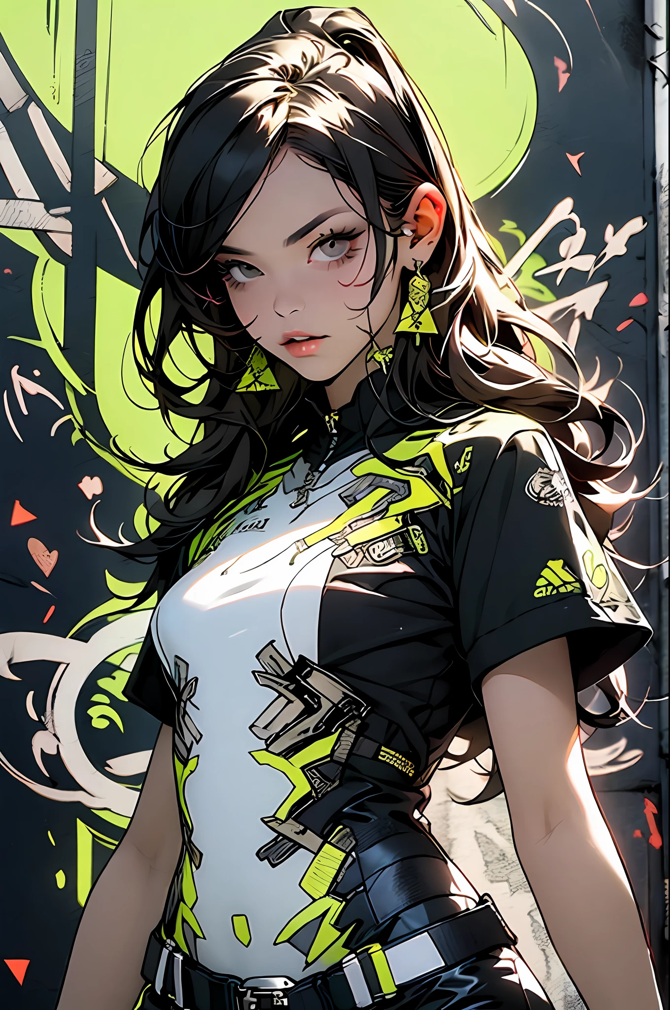 ((melhor qualidade)), ((obra prima)), garota adulta com roupa hiper detalhada com peitoral no formato de caveira, Modern black clothing with yellow details, cabelo branco, guerreira urbana com uma katana nas costas