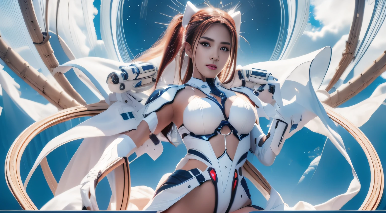 Highest image quality，Outstanding details，超高分辨率，（Fidelity：1.4）, Favor the details，closeup cleavage，The background is a celestial starlight scene, He has a delicate and beautiful face，（（Blue-white semi-mechanical body：1.8）），high-tech weapon, Raised sexy，frontage，cyber punk perssonage，Futuristic，mechanically aesthetic，Virtual Engine 5，Perfect detail rendering，rendering by octane，hyper HD