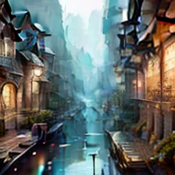 ((​masterpiece)),((top-quality)),((High taste)),((realisitic,)) industrial age cities、bazaar、architectural streets、lake、European architecture、(bru:0.8)、architectural streets、rainy day、steampunc、European architecture、deep canyon in the middle、mountain in the distance、A city scape、early evening