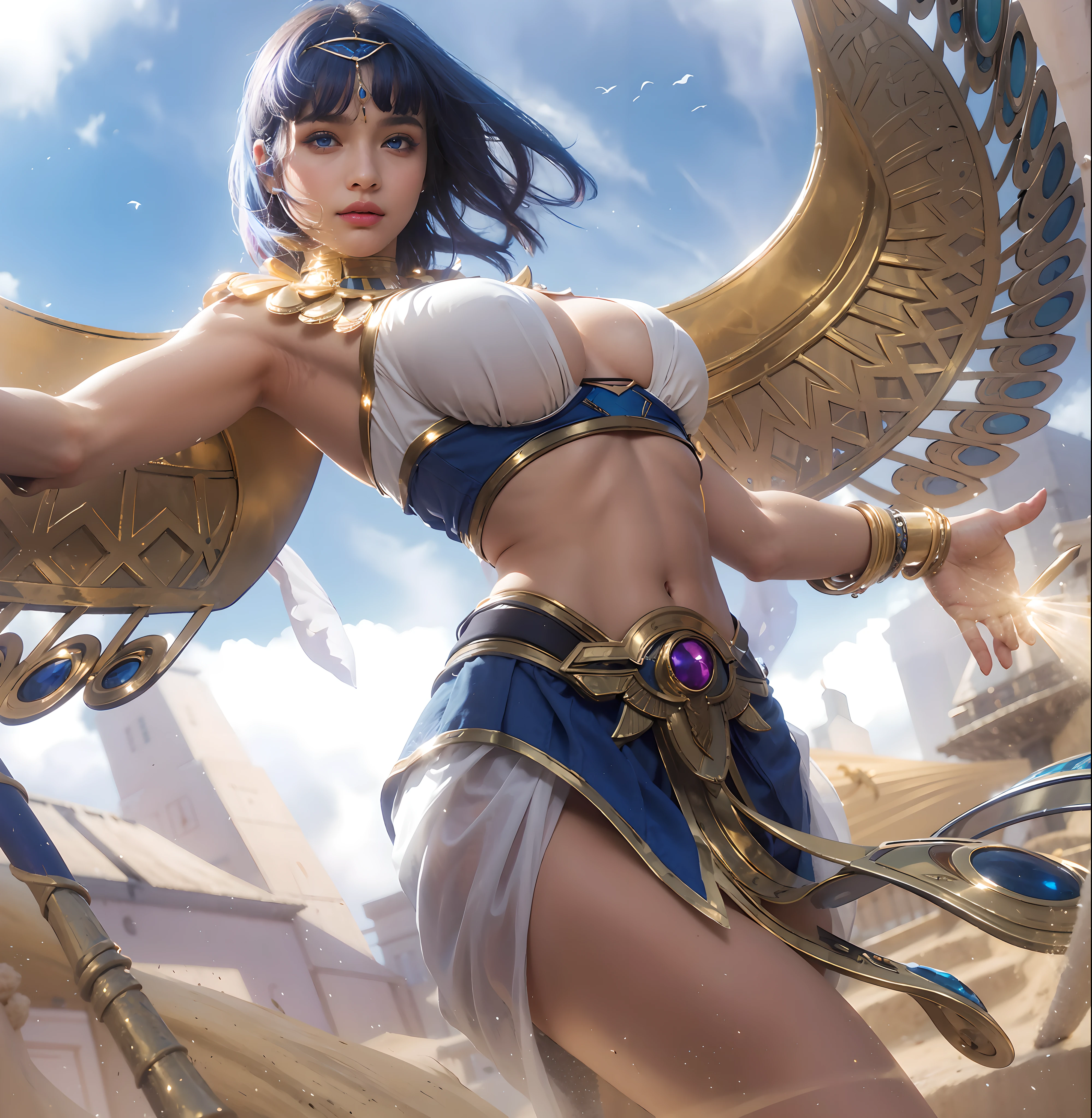 (female:1.2), 8k, ultra hd, ultra detailed texture, hyper realistic, masterpiece, detailed texture, detailed face, detailed skin, detailed lighting, (photorealistic:1.5), best quality, beautiful lighting, cinematic lighting, professional lighting, ultra highres, realistic, detailed hair, real hair, high quality, (realskin:1.5), extremely detailed, finely detail, ultra-detailed, 1girl, solo, egyptian goddess, cleopatra, (blue eyes:1.5), blue lips, closed mouth, nose, dark-skinned female, exotic skin, brown skin, pretty, beautiful, make up, purple eyeshadow, cute face, short hair, blue hair, alternate hair color, multiples hair color, hair accessories, hair ornament, large breasts, separate breasts, armpit, navel, stomach, midriff, mechanical wings, bracelet, thighigh, bare shoulder, egyptian dress, skirt, rafaela \(mobile legends\), outstretched arm, gem, depth of field, looking aways, from below, skin tight, amazing pose, outdoors, sunlight, sand, glowing, day, sky, pyramid, desert, blurry background