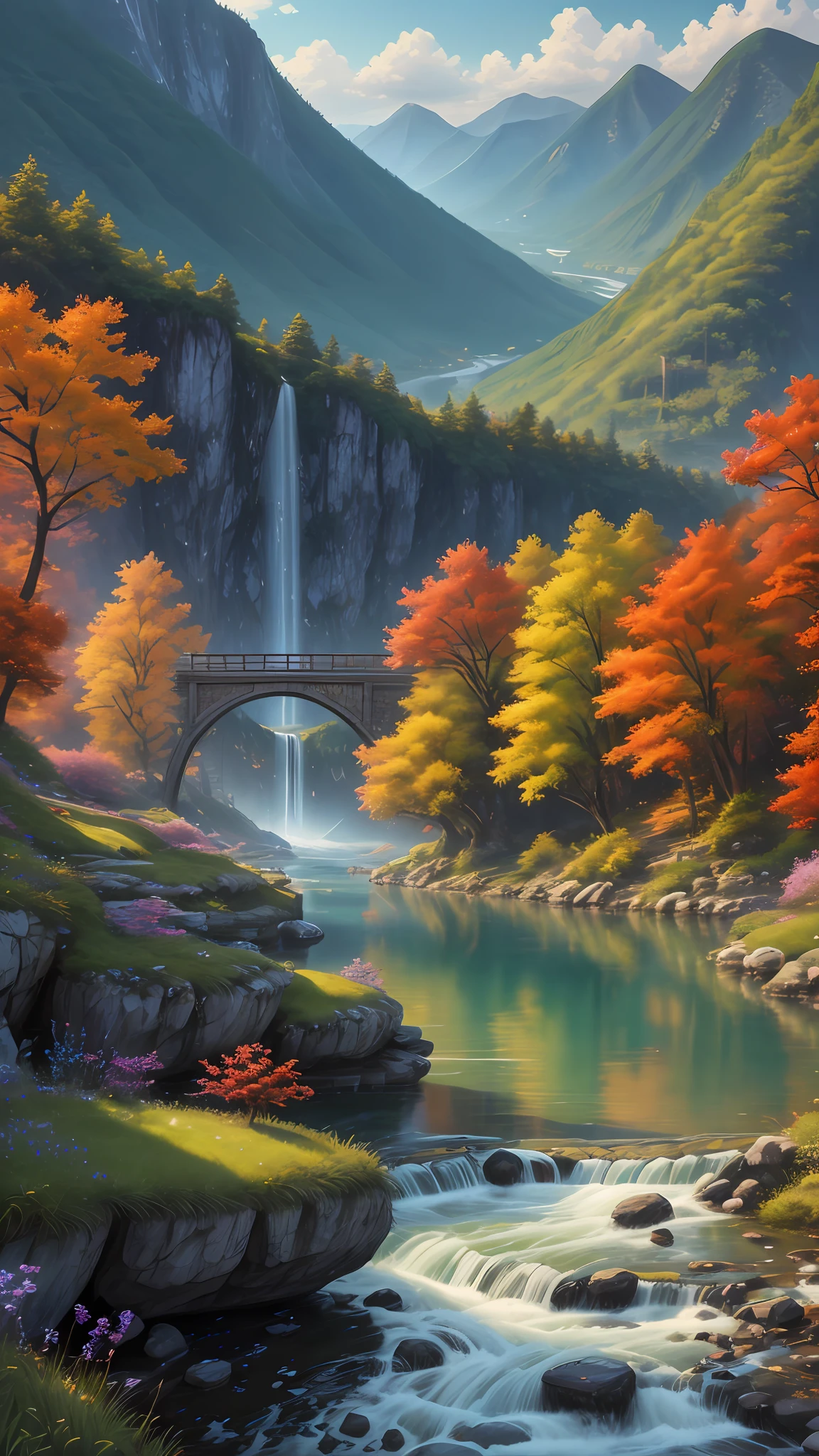 Wallpapers，scenecy，Far Mountain，Eau，Traditional Gangnam，idyllic scenery，（Very detailed CG unity 8K wallpaper），most beautiful artwork in the world，iintricate，high detal，sharp fokus，dramatics，Realistic painting art