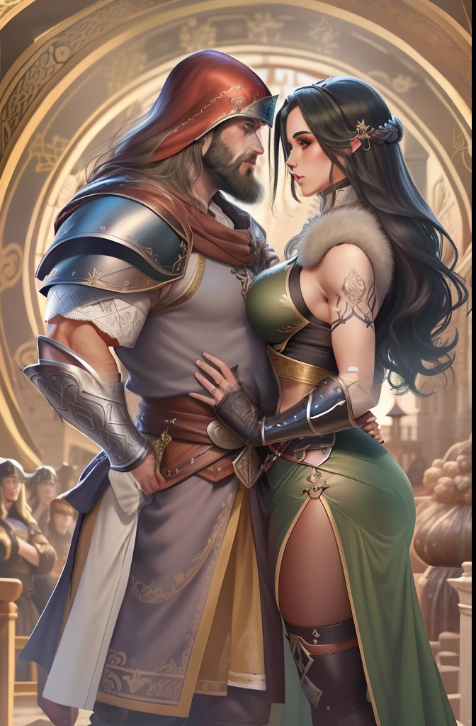 Homem e uma mulher se beijando, homem de cabelo loiro e longo, olhos azuis, peitoral gigante, corpo forte, Corpo com muita veia, armadura de viking, espada gigantesca, Mulher de cabelo curto e preto, olhos verdes, mid chest, sexy, curvas apontadas, Corpo sensual, roupa da pano, medieval setting, imagem HD, Imagem limpa, Imagem 4k, alta resolução, obra prima, manga art