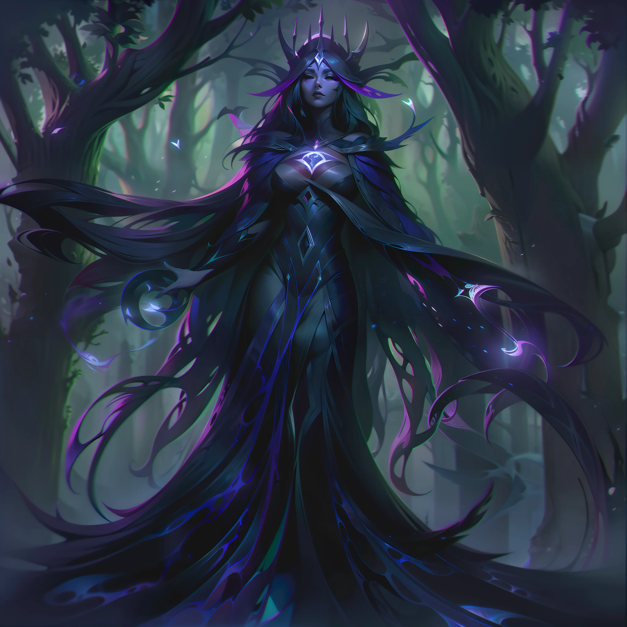 In the base splash art of Nysaria, the Shadow Mender, a haunting and mysterious scene unfolds. The background depicts a dimly lit, ancient forest shrouded in an eerie mist. The gnarled trees and twisted branches exude an otherworldly atmosphere, hinting at the magical nature of the champion.

At the center of the composition stands Nysaria, the Shadowborne Elf herself. She is depicted in a fluid and graceful stance, her cloak billowing around her as if touched by an unseen breeze. Her elven features are both alluring and enigmatic, with glowing, ethereal eyes that emit a faint purplish hue.

Nysaria's hands are raised, weaving the dark-energies that define her healing power. Shadowy wisps and tendrils of magic surround her, hinting at the potent forces she can command. Her overall appearance reflects a mix of elegance and mystery, emphasizing her role as a dark healer.

Beside Nysaria, a group of shadowy, spectral figures hovers. These ethereal beings are faintly outlined, emphasizing the otherworldly nature of her abilities. They could be interpreted as the souls of those she has saved or the manifestation of the dark-healing powers she wields.

The overall color palette is dominated by shades of purple, black, and dark blues, reinforcing the theme of shadow and darkness. The atmosphere evokes a sense of somberness, balanced with a touch of hope and light in Nysaria's presence.