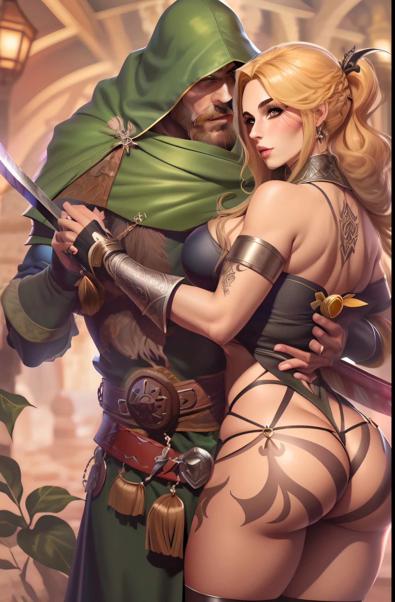 Homem e uma mulher se beijando, homem de cabelo loiro e longo, olhos azuis, peitoral gigante, corpo forte, Corpo com muita veia, armadura de viking, espada gigantesca, Mulher de cabelo curto e preto, olhos verdes, mid chest, sexy, curvas apontadas, Corpo sensual, roupa da pano, medieval setting, imagem HD, Imagem limpa, Imagem 4k, alta resolução, obra prima, manga art