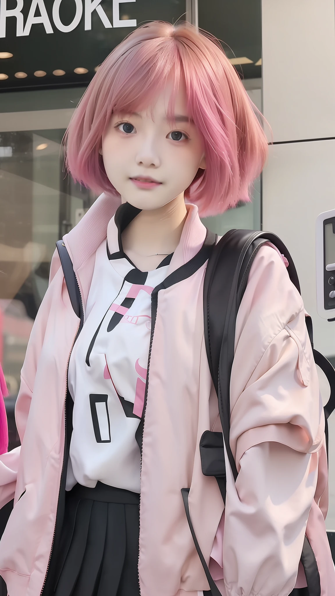 1 girl, solo, short hair, pink hair, bangs, white shirt with pink jacket, short black skirt, black backpack, ultra hd, ultra detailed, skin detail, white skin