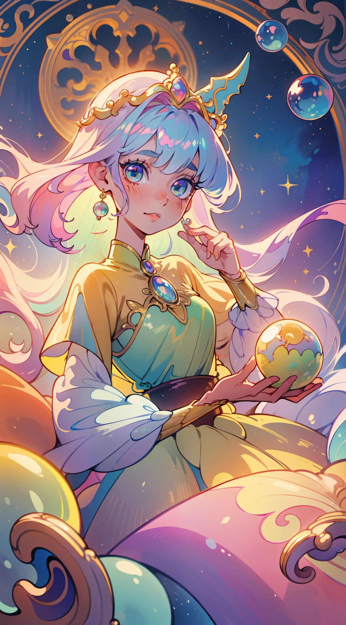 masterpiece, best quality, 8k resolution, sharp focus, intricate detail, beautiful girl, sparkling eyes, golden ratio face, otherworldly liquid, watercolor, pastel colors, bright colors, whimsical, colorful, sharp focus, high resolution, fine detail, princess fantasy flowing ballgown, ((round eyes)), iridescent bubbles, castle landscape in background