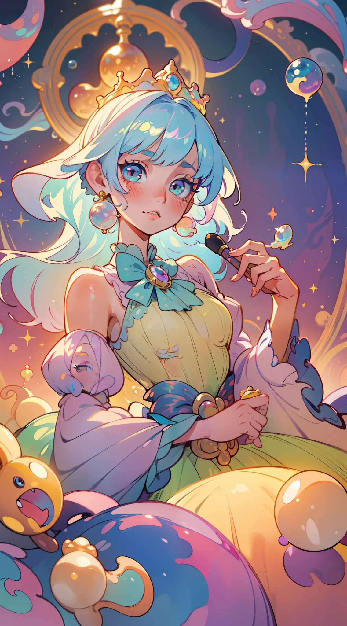 masterpiece, best quality, 8k resolution, sharp focus, intricate detail, beautiful girl, sparkling eyes, golden ratio face, otherworldly liquid, watercolor, pastel colors, bright colors, whimsical, colorful, sharp focus, high resolution, fine detail, princess fantasy flowing ballgown, ((round eyes)), iridescent bubbles, castle landscape in background
