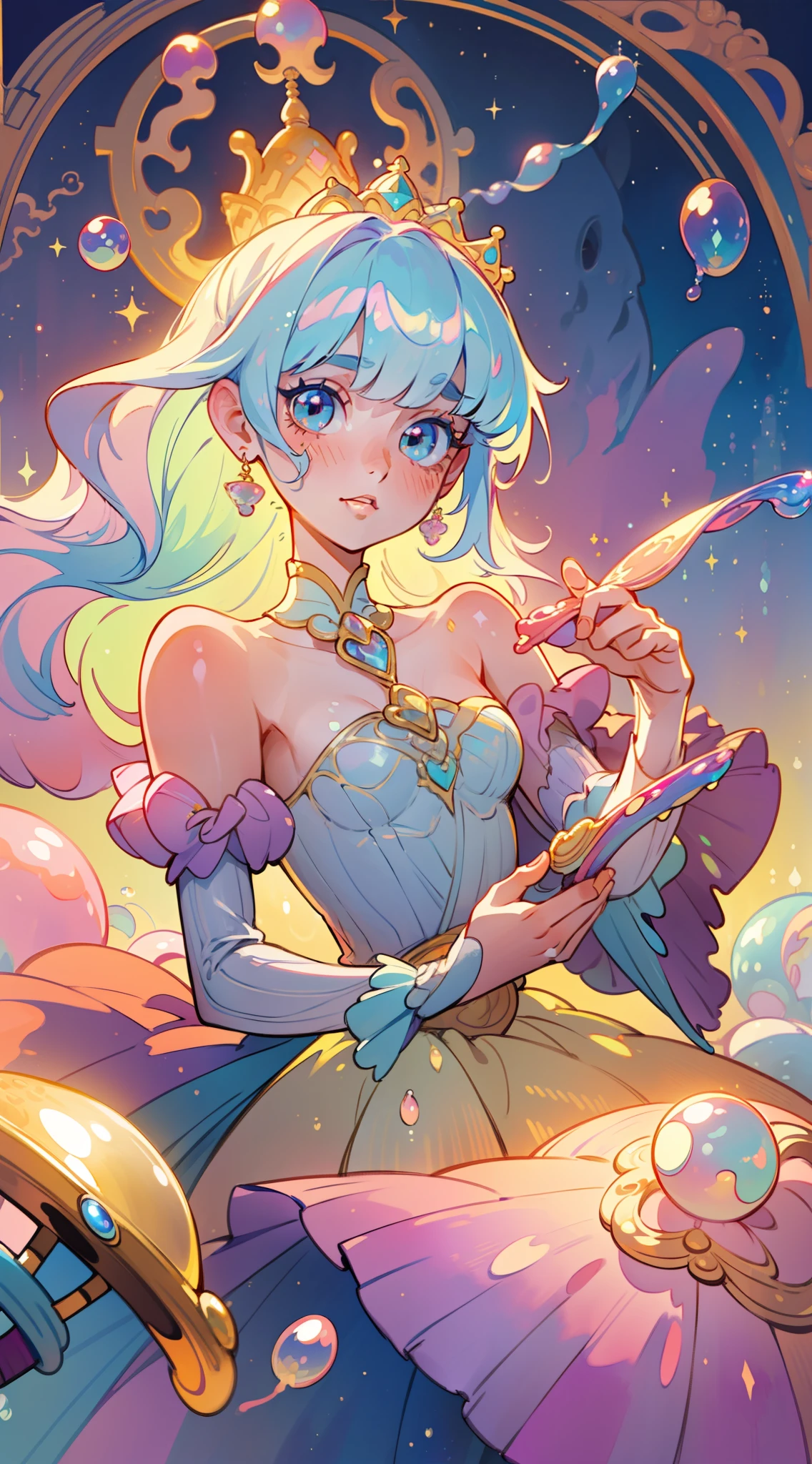 masterpiece, best quality, 8k resolution, sharp focus, intricate detail, beautiful girl, sparkling eyes, golden ratio face, otherworldly liquid, watercolor, pastel colors, bright colors, whimsical, colorful, sharp focus, high resolution, fine detail, princess fantasy flowing ballgown, ((round eyes)), iridescent bubbles, castle landscape in background