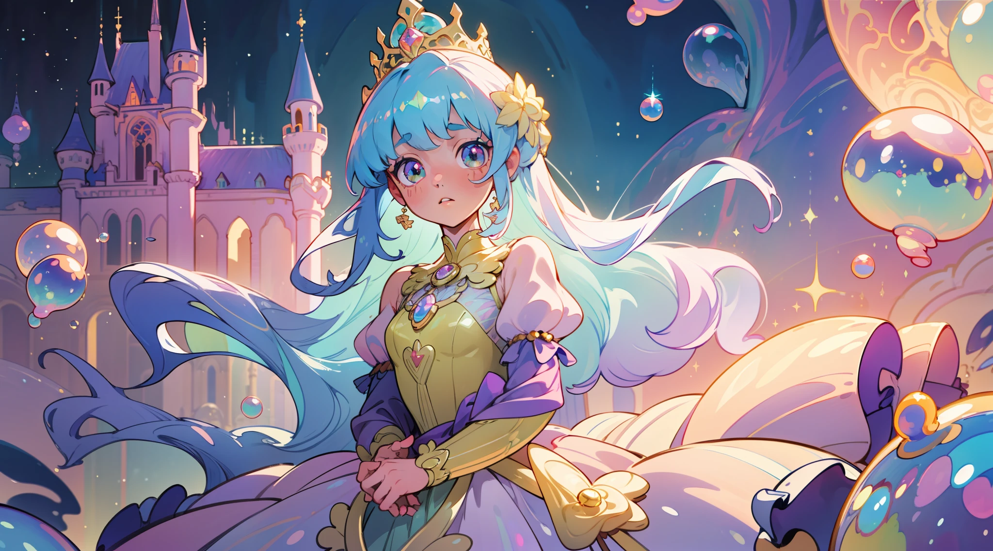 masterpiece, best quality, 8k resolution, sharp focus, intricate detail, beautiful girl, sparkling eyes, golden ratio face, otherworldly liquid, watercolor, pastel colors, bright colors, whimsical, colorful, sharp focus, high resolution, fine detail, princess fantasy flowing ballgown, ((round eyes)), iridescent bubbles, castle landscape in background