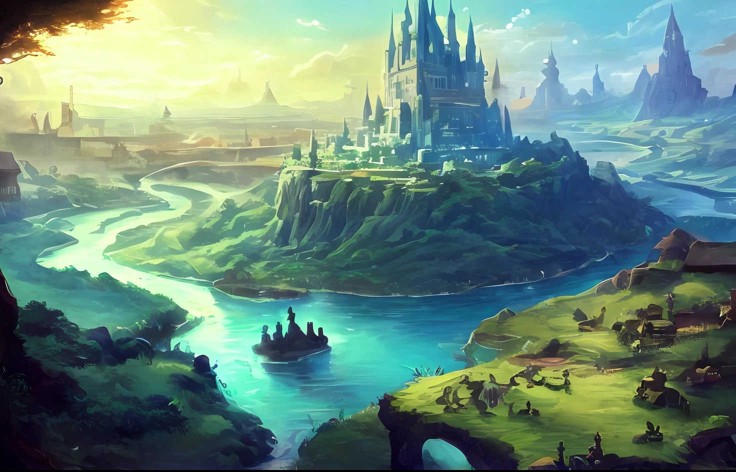 uma pintura de uma aldeia com um rio que a atravessa, paisagem campestre anime, Fantasia pintura fosca,fofo, arte de fundo, fantasy town setting, scenery artwork, Pintado por Andreas Rocha, paisagem de arte de fantasia, amazing background, Estilo Andreas Rocha, Arte de fundo, paper awesome wallpaper, scenery art detailed, Cidade da fantasia de Medeival, arte de fundo do anime, Fundo distante da aldeia