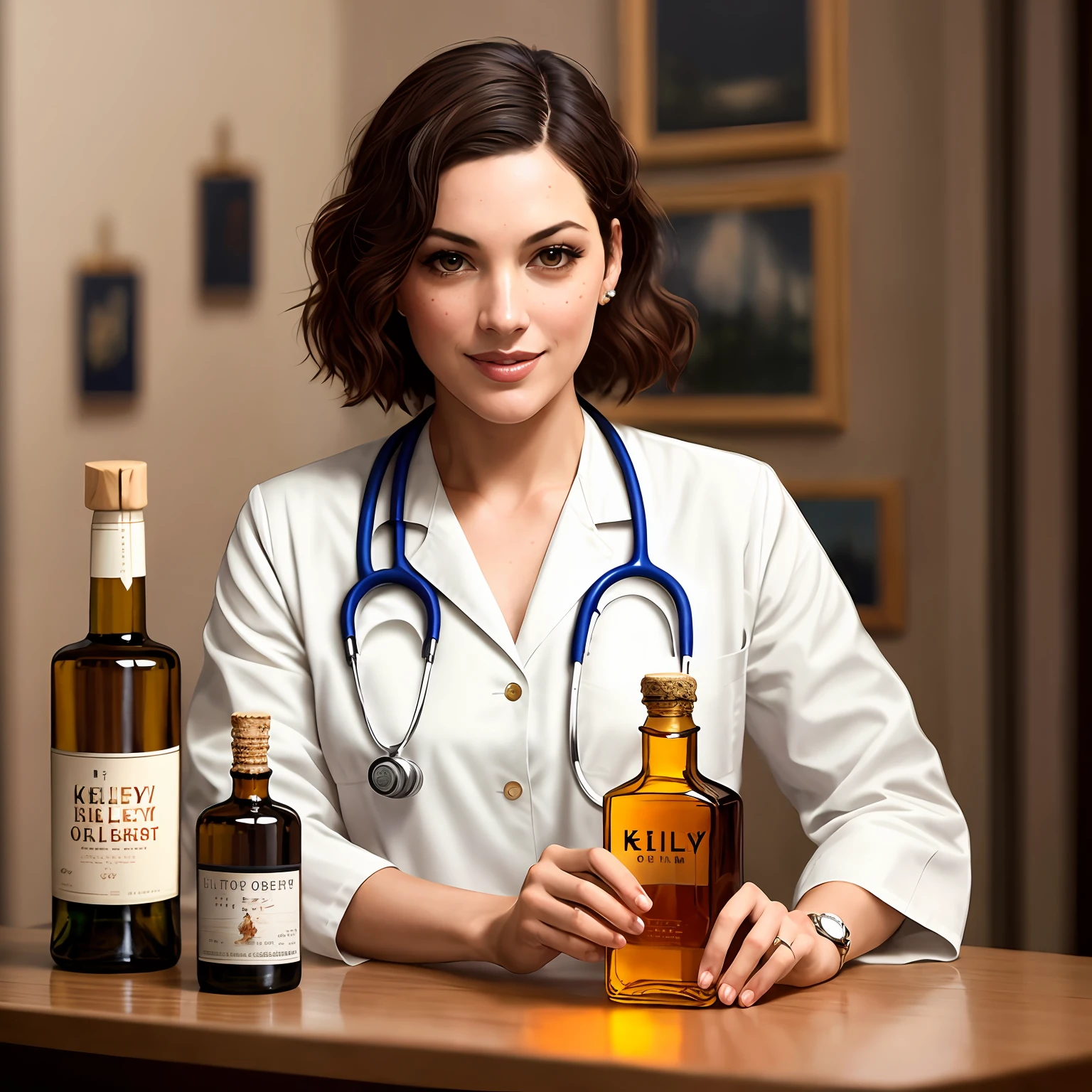 full shot body photo of the kelly brook most beautiful artwork in the world featuring ww2 nurse holding a liquor bottle sitting on a desk nearby, smiling, freckles, white outfit, nostalgia, sexy, stethoscope, heart professional majestic oil painting by Ed Blinkey, Atey Ghailan, Studio Ghibli, by Jeremy Mann, Greg Manchess, Antonio Moro, trending on ArtStation, trending on CGSociety, Intricate, High Detail, Sharp focus, dramatic, photorealistic painting art by midjourney and greg rutkowski