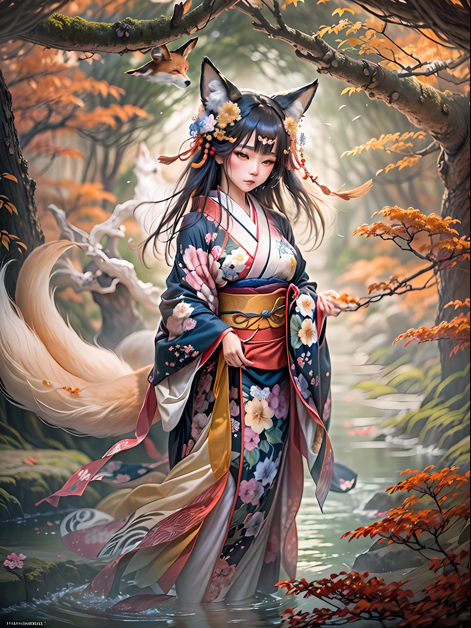 (masterpiece, high resolution:1.3), (photo of the Japanese folklore fox spirit:1.3), (the ethereal spirit taking the form of a woman:1.3), (adorned in an exquisitely detailed kimono:1.3), (the kimono reflecting traditional Japanese patterns and motifs:1.1), (Nikon Z6 camera, ideal for capturing stunning portraits:1.4), (paired with the versatile Nikon NIKKOR Z 24-70mm f/4 S lens:1.4), (the fox spirit exuding an aura of mystique and elegance:1.1), (standing gracefully in the serene ambiance of a Buddhist temple:1.1), (the temple's architecture and serene surroundings creating an atmosphere of tranquility:1.1), (the spirit's eyes filled with ancient wisdom and intrigue:1.1), (a delicate balance of ethereal beauty and earthly presence:1.1), (the kimono adorned with vibrant colors symbolizing the fox spirit's mythical nature:1.1), (a moment frozen in time, capturing the essence of Japanese folklore:1.1), (a captivating blend of myth and reality:1.1), (the fox spirit embodying the enchanting allure of Japanese legends:1.1), (an image that invokes curiosity and reverence:1.1), (the temple's ambiance adding a spiritual dimension to the photograph:1.1), (a timeless portrayal of Japanese cultural and spiritual beliefs:1.1), (the fox spirit symbolizing protection, intelligence, and transformation:1.1), (an image that bridges the gap between the mortal and the divine:1.1), (a captivating portrayal of folklore and tradition:1.1), (the soft light of the temple casting a mystical glow on the spirit:1.1), (a photo that captures the essence of the fox spirit's enigmatic charm:1.1), (the intricate details of the kimono and the spirit's presence reflecting a deep cultural heritage:1.1), (an evocative depiction of the spiritual world entwined with human existence:1.1)