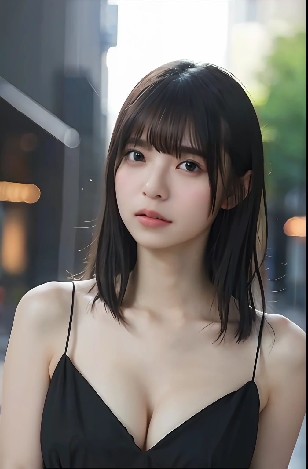 random pose, mix4, (8k, RAW photo, best quality, masterpiece: 1.45), (realistic, photorealistic: 1.37), one girl, cute, cityscape, night, rain, wet, professional lighting, photons mapping, radiosity, physically based rendering, gradient black hair, gray hair, short curly hair, handsome, girl, Deep V-neckline slip dress, top quality photo, high res, 1080p, (clear face), (detailed face description), (detailed hand description), (masterpiece), (exquisite CG), extreme light and shadow, disheveled hair, master work, rich details, (fine facial features), (highest quality photo), (masterpiece), (detailed eyes), look in front of you eyes, fine clavicle, ((large breasts)),big breast,
