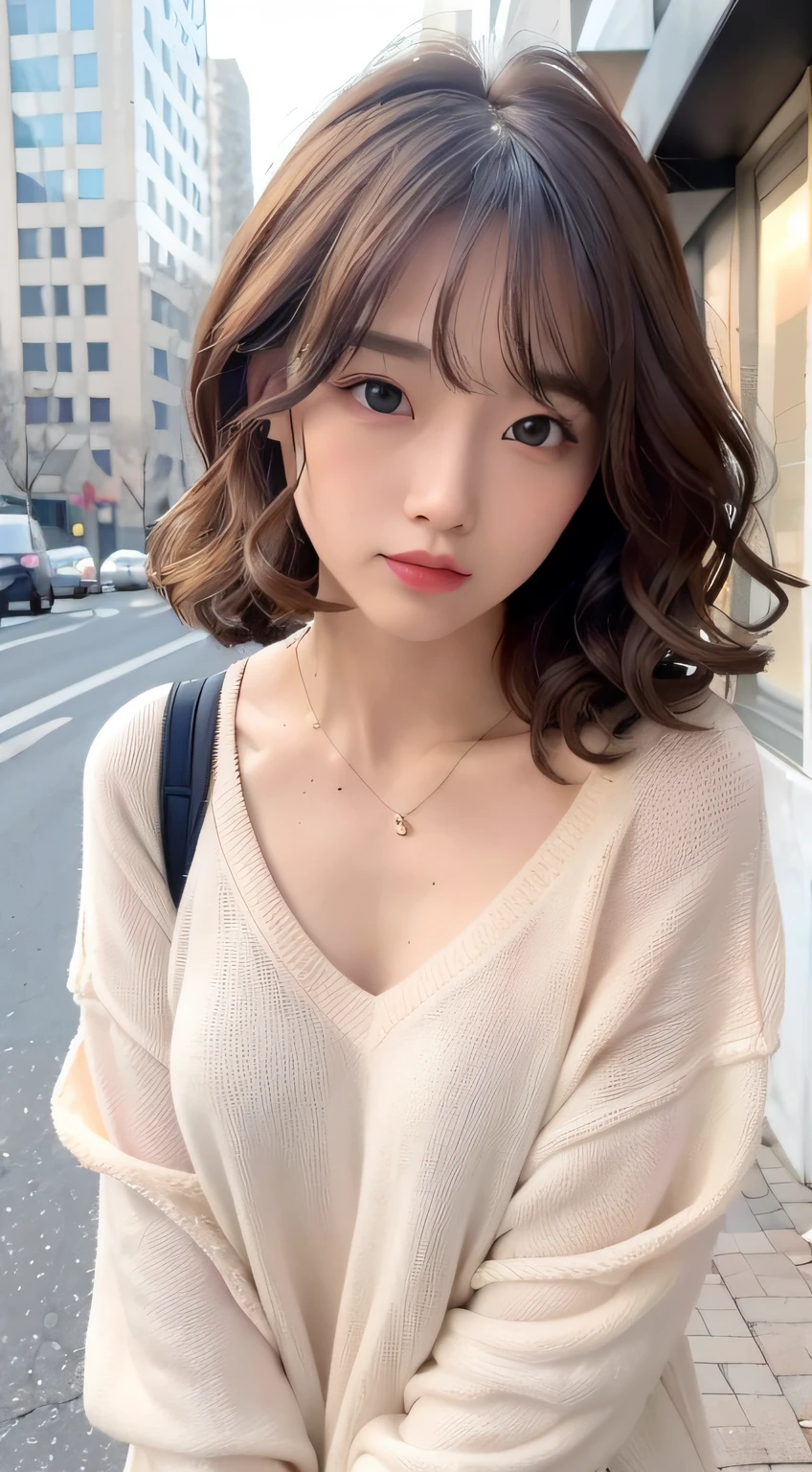 Girl with Camera、mix4、(8K、Raw photography、top-quality、masterpiece:1.2)、(realisitic、Photorealsitic:1.37)、1girl in、cute little、A city scape、natta、Sateen、Wetty、profetional lighting、photon maping、Radio City、physically-based renderingt、Gradient Brunette Hair、short curly hair、a handsome、Girly、White Ball Set、superior image quality、hight resolution、1080p、(Clear face)、(Detailed face description)、(Detailed hand description)、(masuter piece)、(Exquisite CG)、 extreme light and shadows、hair messy、masterpiece、abundant detail、(Exquisite facial features)、(Top image quality)、(masterpiece)、(Eye of Detail)、Looking forward to your eyes、Delicate collarbones、((Casual wear))、Sweaters、full body Esbian、The shirt