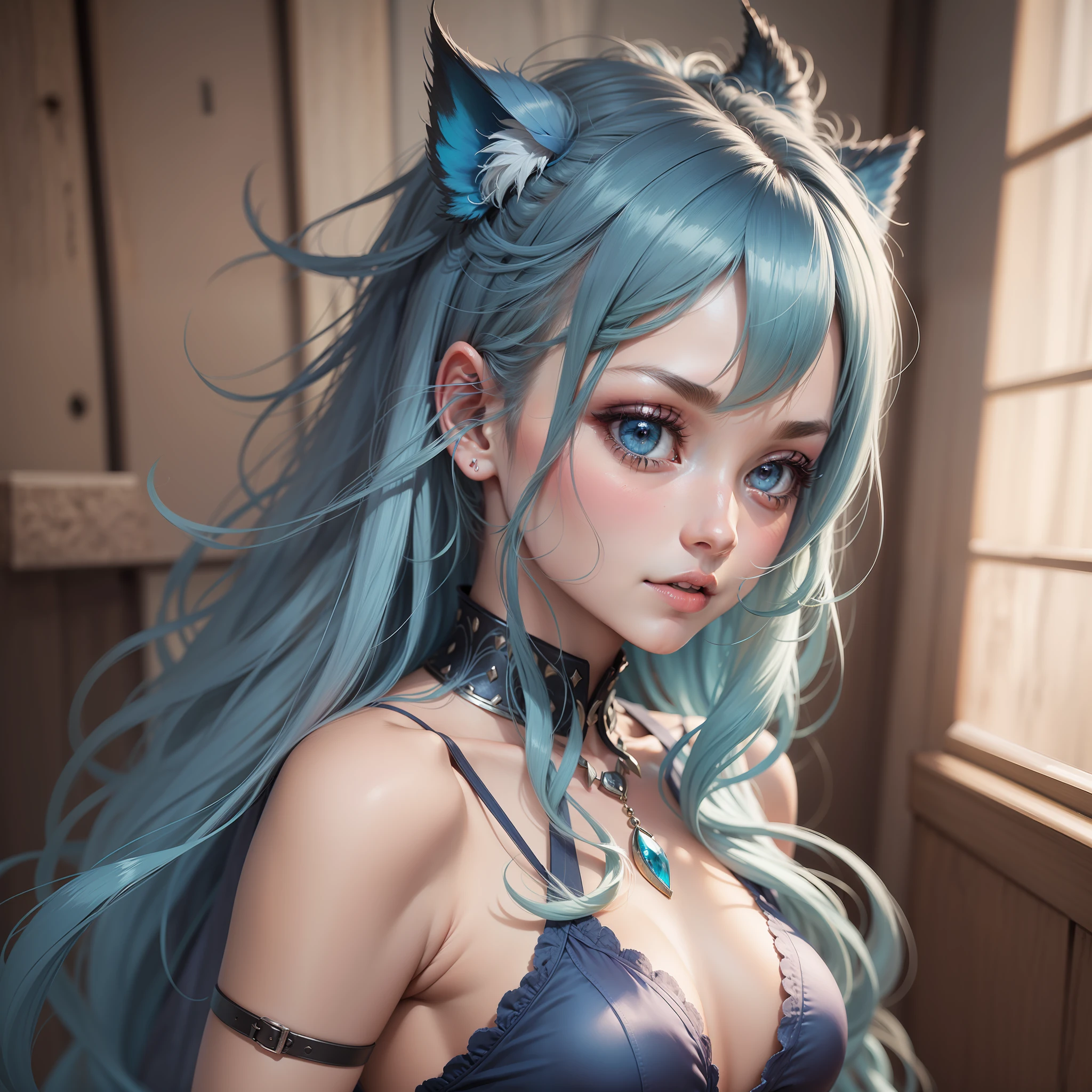 1girl,abelo azul,fachineira,olhos azul,altura 1,6,corpo,anime, No quarto.