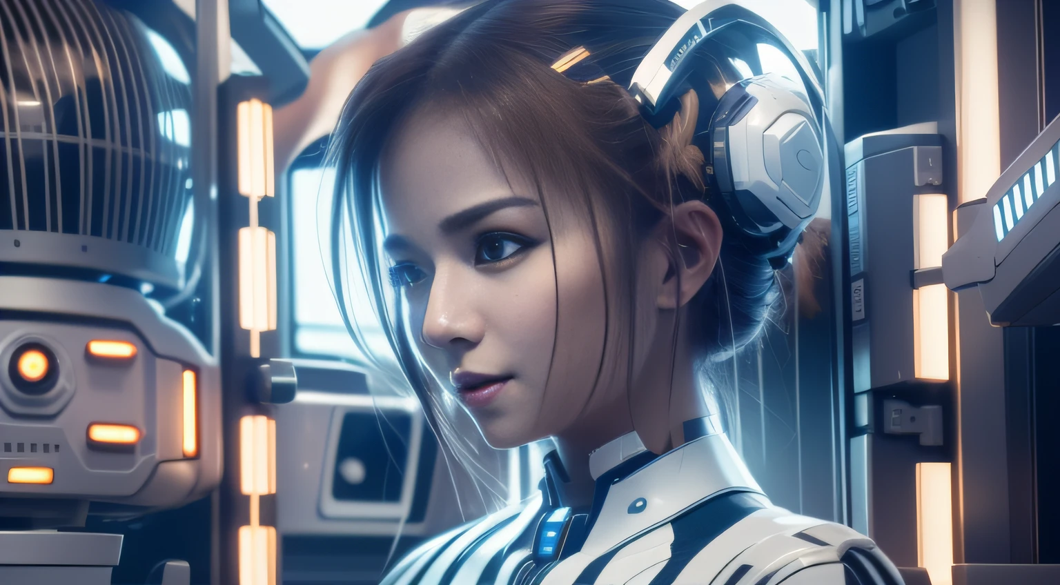 Highest image quality，Outstanding details，超高分辨率，（Fidelity：1.4）, Favor the details，closeup cleavage，The background is a celestial starlight scene, high tech spaceships, He has a delicate and beautiful face，（（Blue-white semi-mechanical body：1.8）），high-tech weapon, Raised sexy，frontage，cyber punk perssonage，Futuristic，mechanically aesthetic，Virtual Engine 5，Perfect detail rendering，rendering by octane，hyper HD