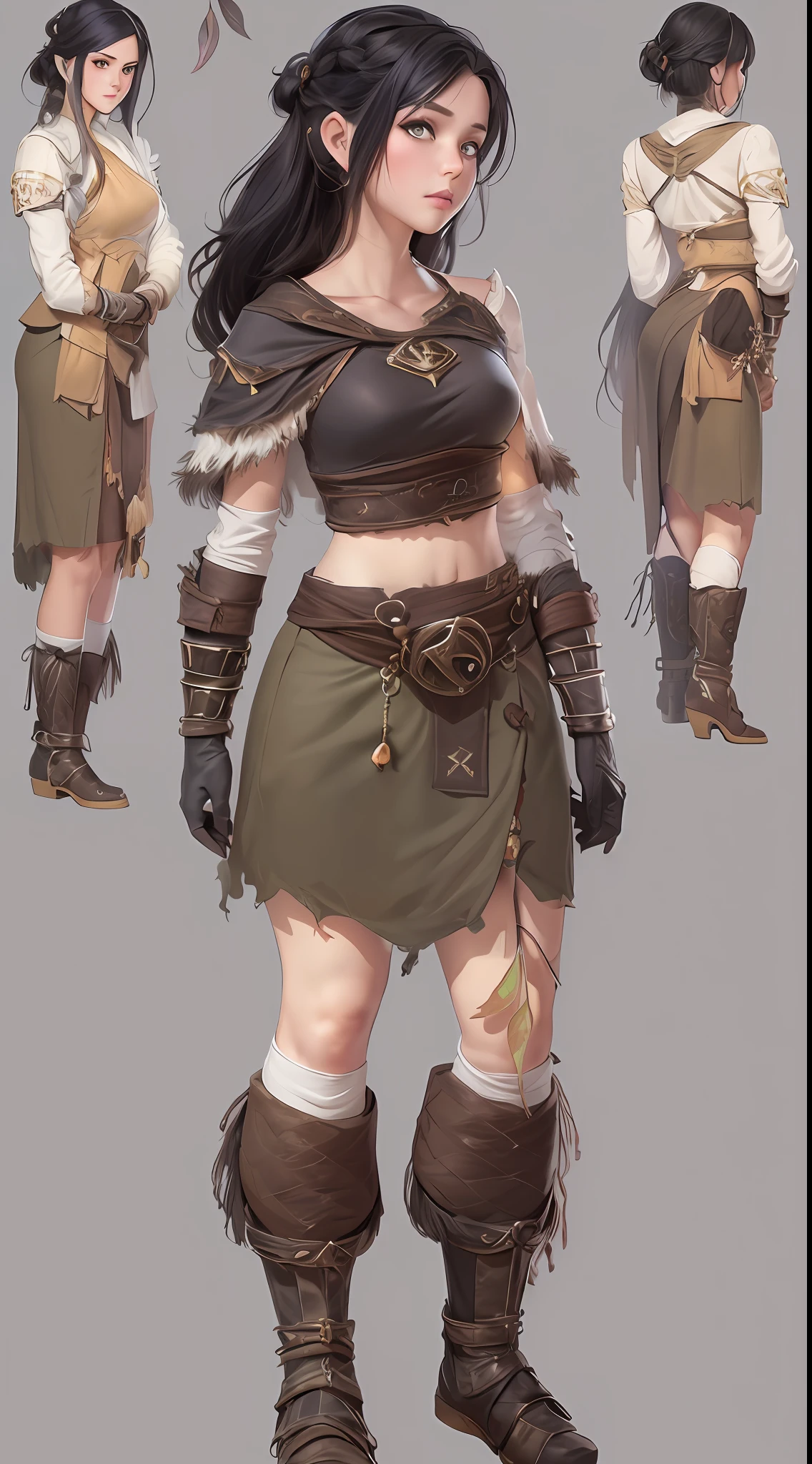 ((Three-view of roles)), ((tmasterpiece))、((Top quality))、((CharacterDesignSheet,Same role,frontage、Lateral face、on back)),illustration, ((1 Northern Girl,Barbarians,Primitives,arma)),(shaman, tusks, Nature, Healer, Round ears, wild hairs, Dark black hair, Unkempt hair, pretty eyes, Vines in hair, Thick body, Wide body),Fantasy setting,Environmental Scene Change, Pose too, , charturnbetalora, (simplebackground, white backgrounid: 1.3),falling leaf, ventania, Magic the Gathering, dungeons and dragons, character concept, character art, Character portrait, Cartoon, Best quality, Best resolution, 4K