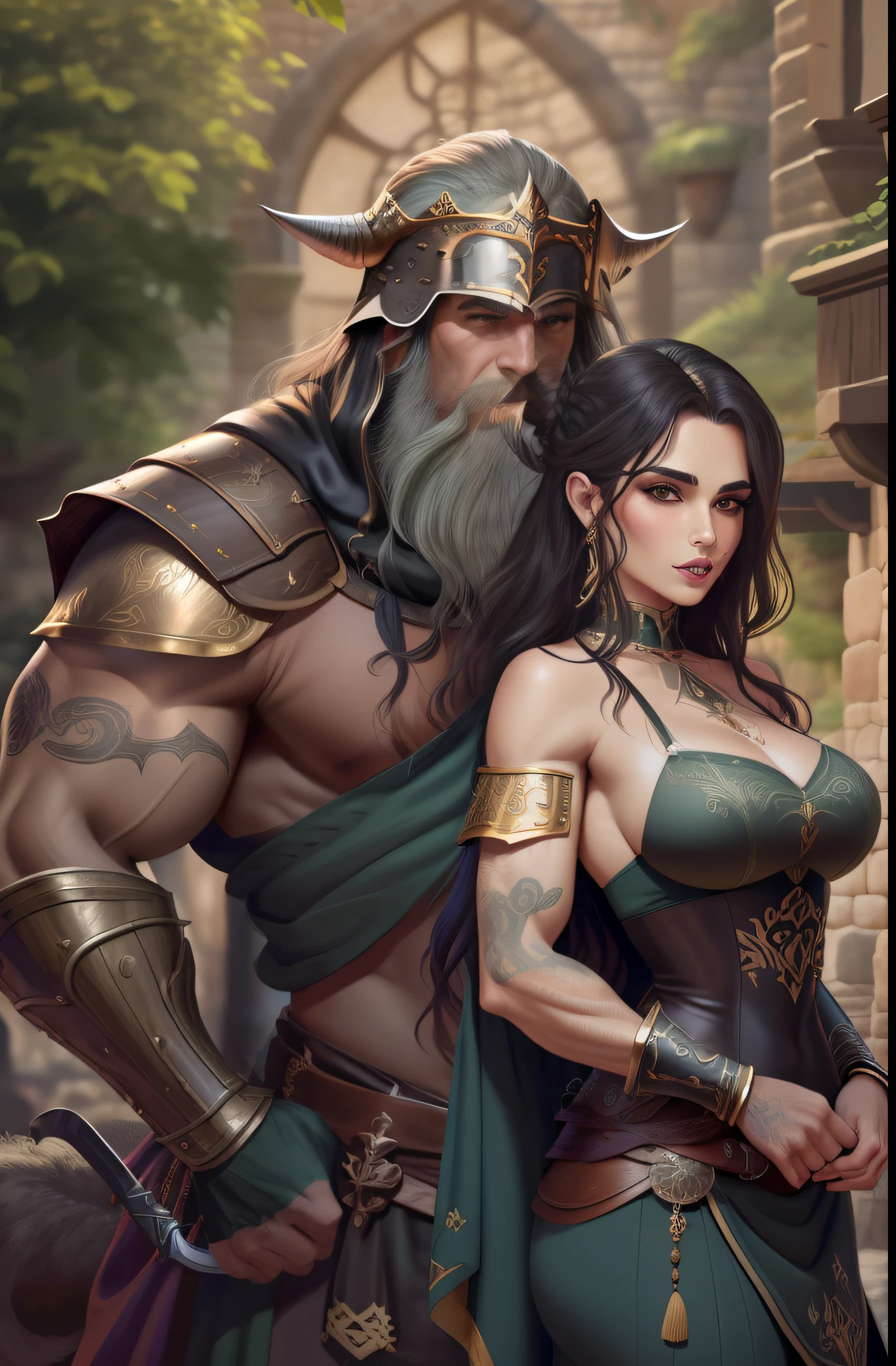 Homem e uma mulher se beijando, homem de cabelo loiro e longo, olhos azuis, peitoral gigante, corpo forte, Corpo com muita veia, armadura de viking, espada gigantesca, Mulher de cabelo curto e preto, olhos verdes, mid chest, sexy, curvas apontadas, Corpo sensual, roupa da pano, medieval setting, imagem HD, Imagem limpa, Imagem 4k, alta resolução, obra prima, manga art