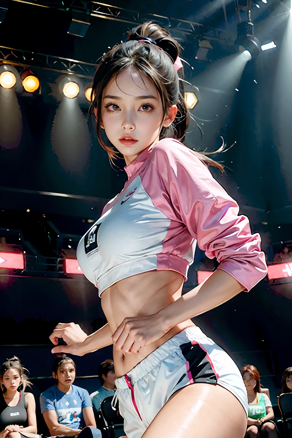 1 girl, (Face the audience:1.8),Solo, Running, Gray Track Top,plain face ,Pink shorts, pony tails, Liuhai,Bigboobs,Athletic figure,Black hair,Dynamic brushstrokes,Smooth movements,Capture the essence of her sportsmanship and energy,Light and pastel tones create a dreamy and ethereal atmosphere,Portrays the movement and elegance of running,The wind blew her ponytail and clothes,and the landscape around her。exteriors,detailed back ground,Modern metropolis,