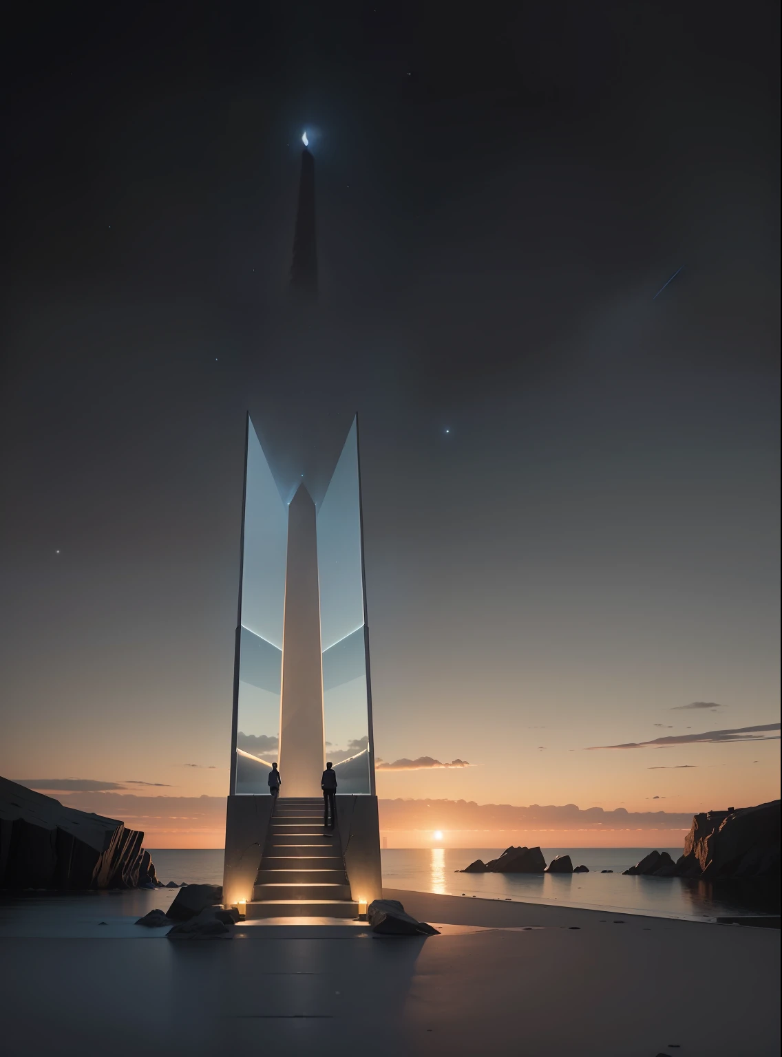 There was a man standing on the steps，With your back to the stairs，,Obelisk in symmetrical shape, the whole, in awe、towering，It is surrounded by the moon and starry sky over the sea，shoreline， creating a thin monolith, Mirrored obelisk, Monument,Located on a stone platform，Surrounded by rocks，