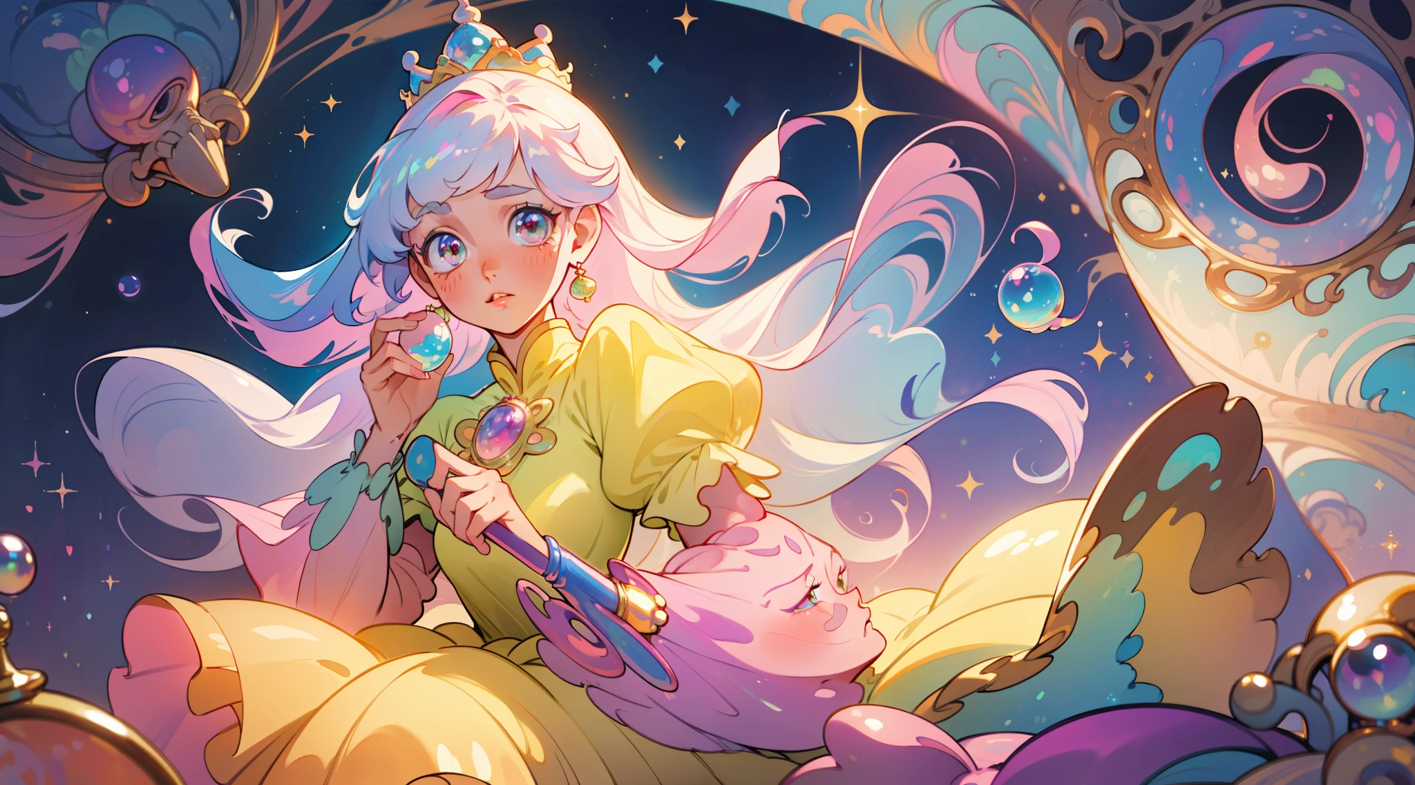 masterpiece, best quality, 8k resolution, sharp focus, intricate detail, beautiful girl, sparkling eyes, golden ratio face, otherworldly liquid, watercolor, pastel colors, bright colors, whimsical, colorful, sharp focus, high resolution, fine detail, princess fantasy flowing ballgown, ((round eyes)), iridescent bubbles, castle landscape in background