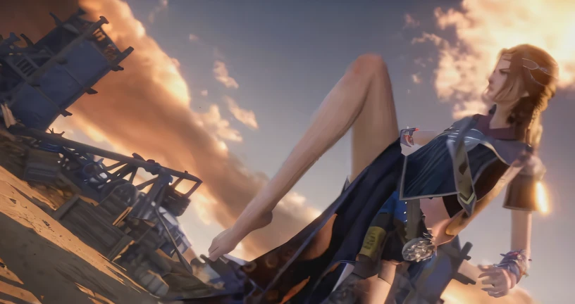 Arafed woman in blue dress standing on the beach, highly detailed giantess shot, extremely detailed giantess shot, From《Final Fantasy XIII》, giantess shot, Kingdom Hearts 3 screenshot, Giantess, style of final + fantasy + 1 5, ps5 cinematic screen capture, Chloe Price, detailed shot legs-up, giantess art, a macro giantess
