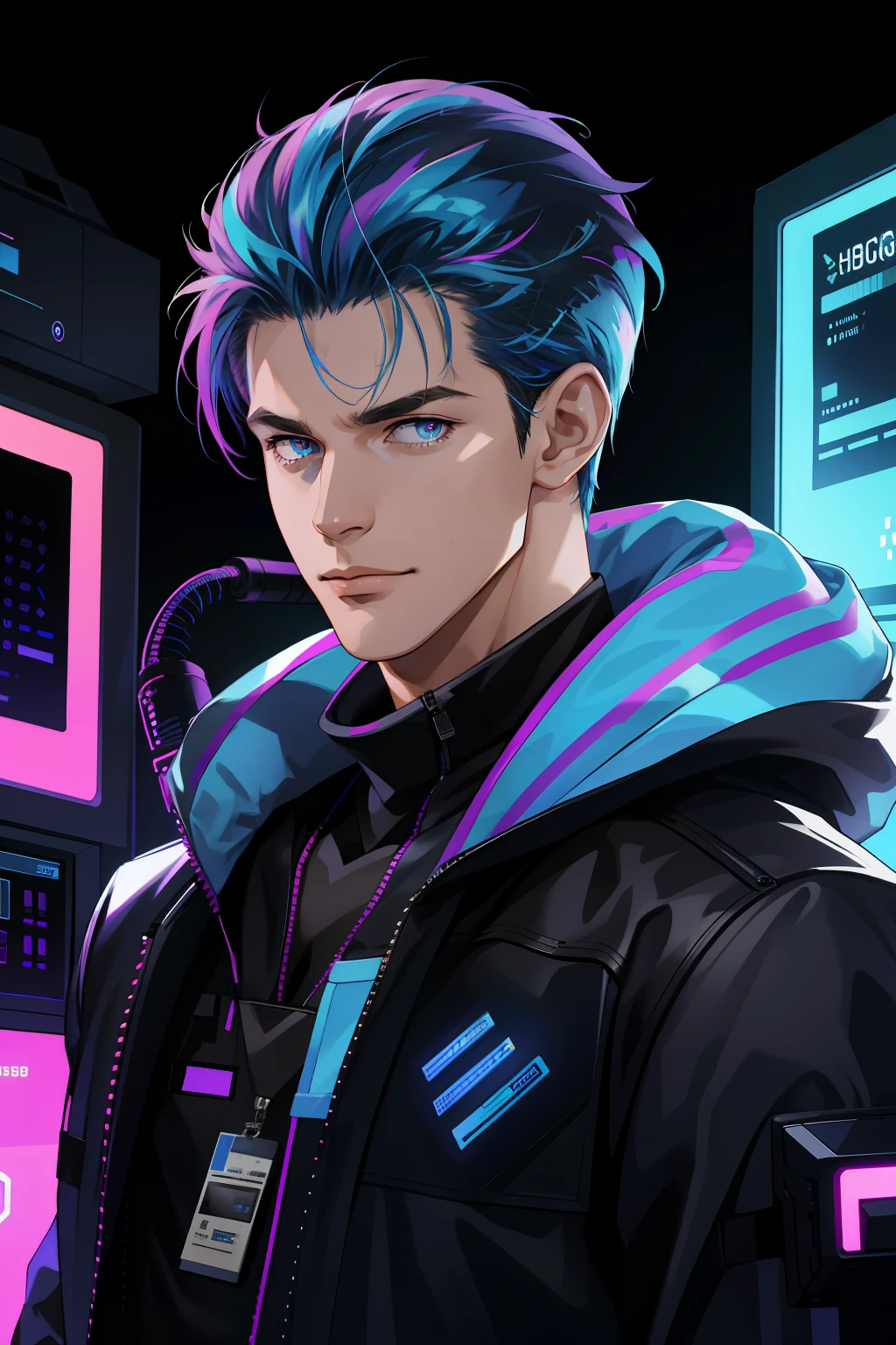 (absurdres, highres, ultra detailed), 1 male, mature, manly, tall muscular, handsome, finely detailed eyes, intricate details, portrait, looking at viewer, solo, half shot, detailed background, detailed face, (1980s synthwave theme:1.1) high-tech futuristic hacker, smirk, advanced technology, hoodie, techwear, wearable device, keycard, cables, (holographic display:1.05), computer, password, control panel in background, blue lights, dark sinister atmosphere, shadows,