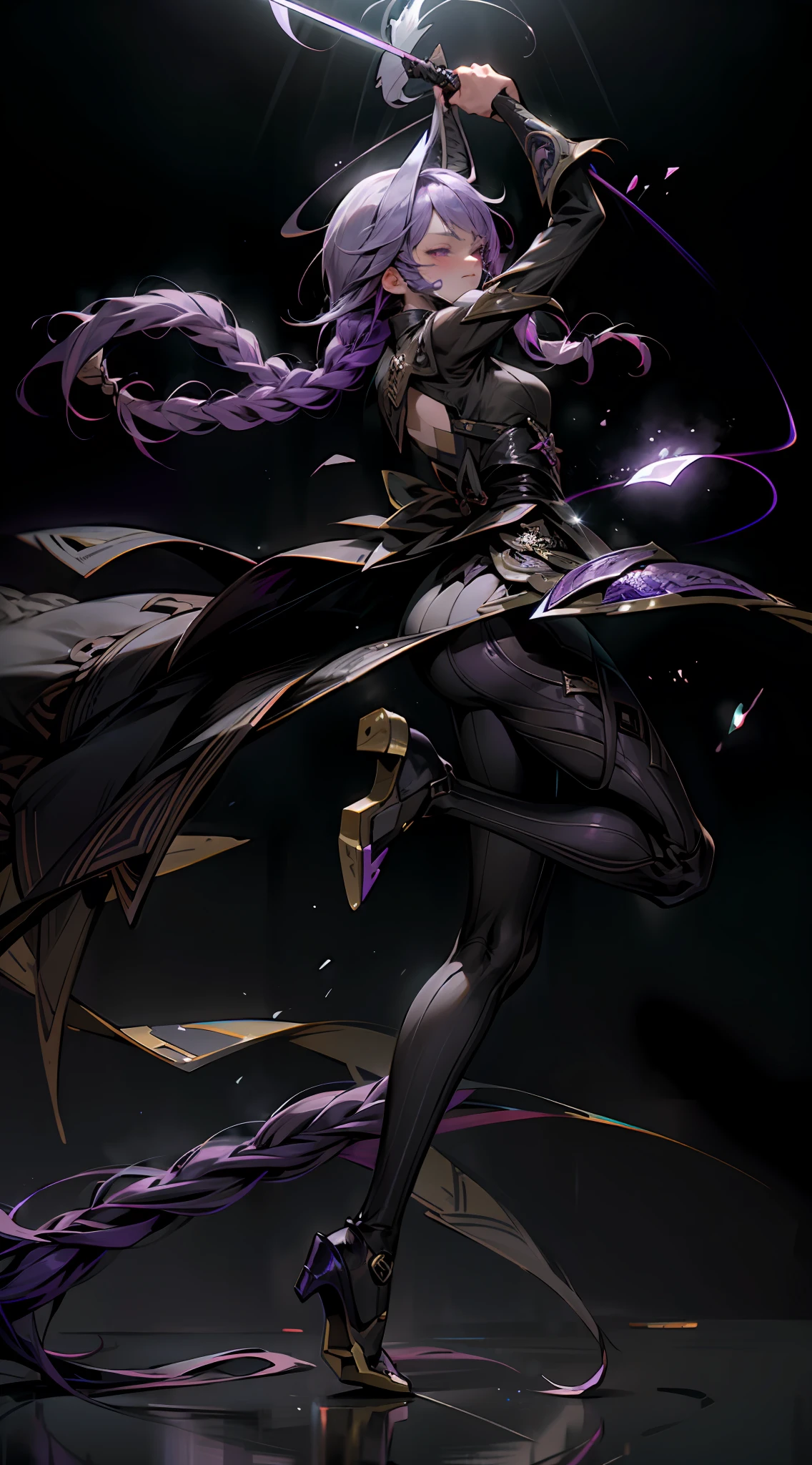 Full body like，Raiden general，（Pull the knife），Purple colored hair，???????? braids，Purple eye，The dynamics of the dance，Shock force，twirl，twirl，???????? braids，Bare back，Disdainful expression，swing the sword，Raiden general，Genshin style，Raiden general，（（Black heels）），RGB strip light，Background thunder，Electro-optic effect，raiden，salama，the original god，Gorgeous Hair in Long Purple